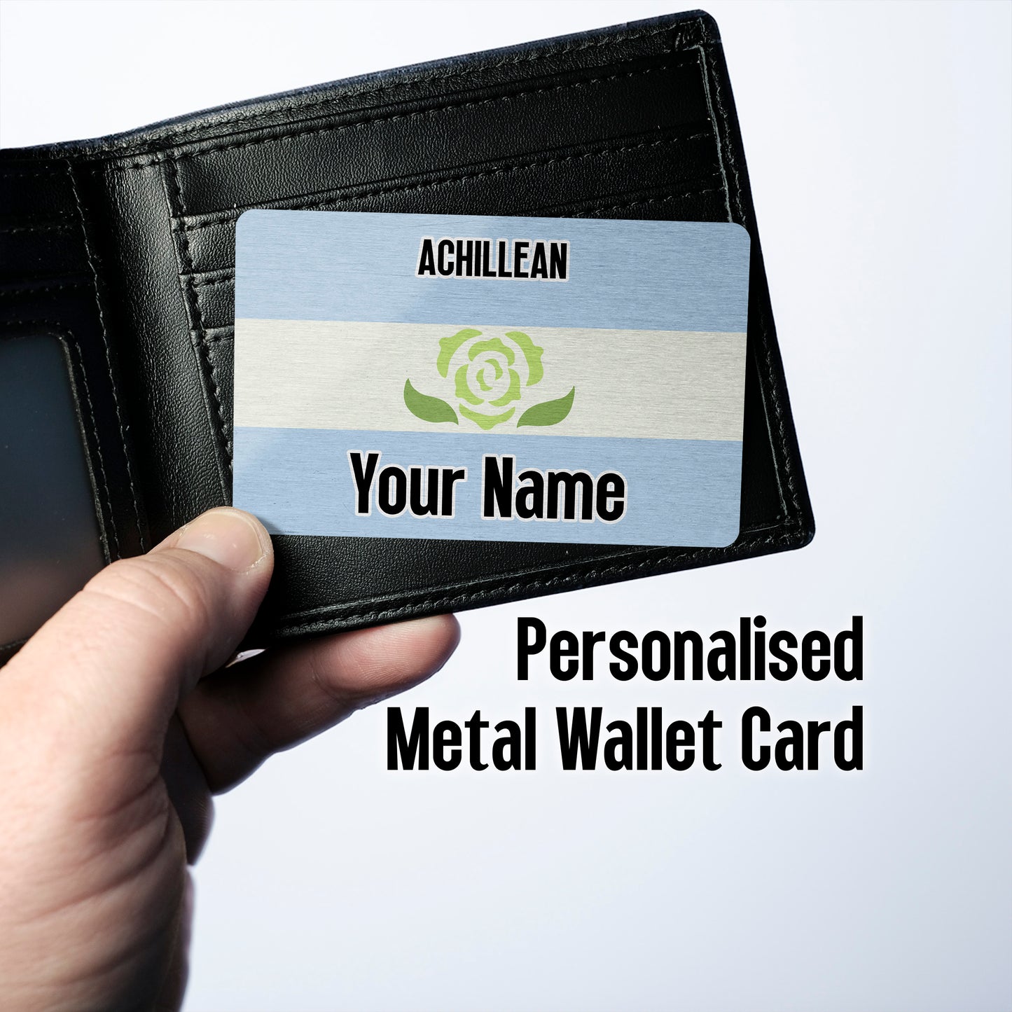 Aluminium metal wallet card personalised with your name and the achillean pride flag
