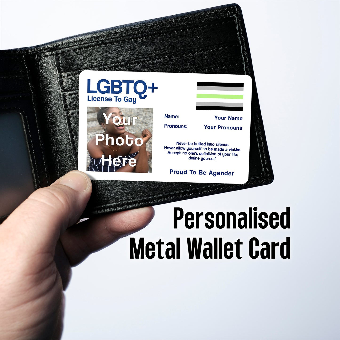 Agender license to gay aluminium wallet card personalised with your name, pronouns and photo