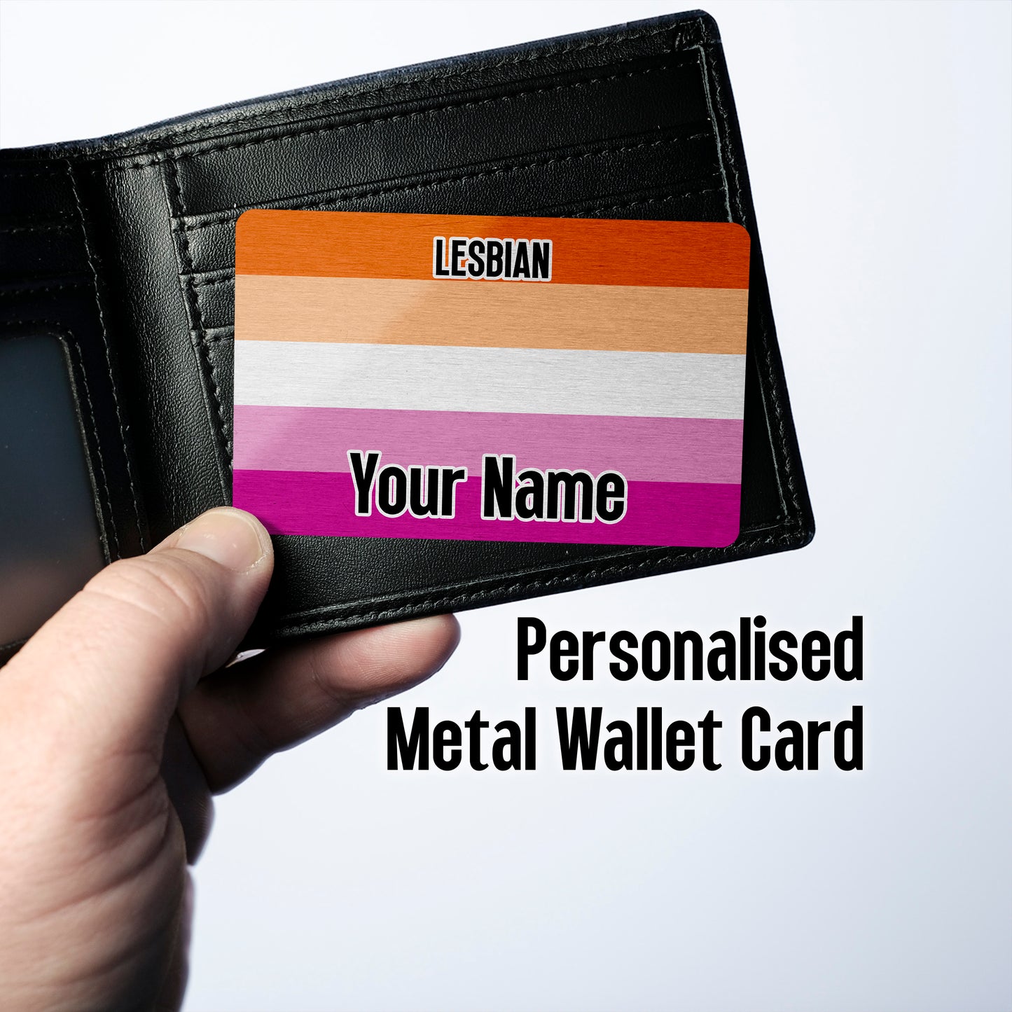 Aluminium metal wallet card personalised with your name and the lesbian pride flag