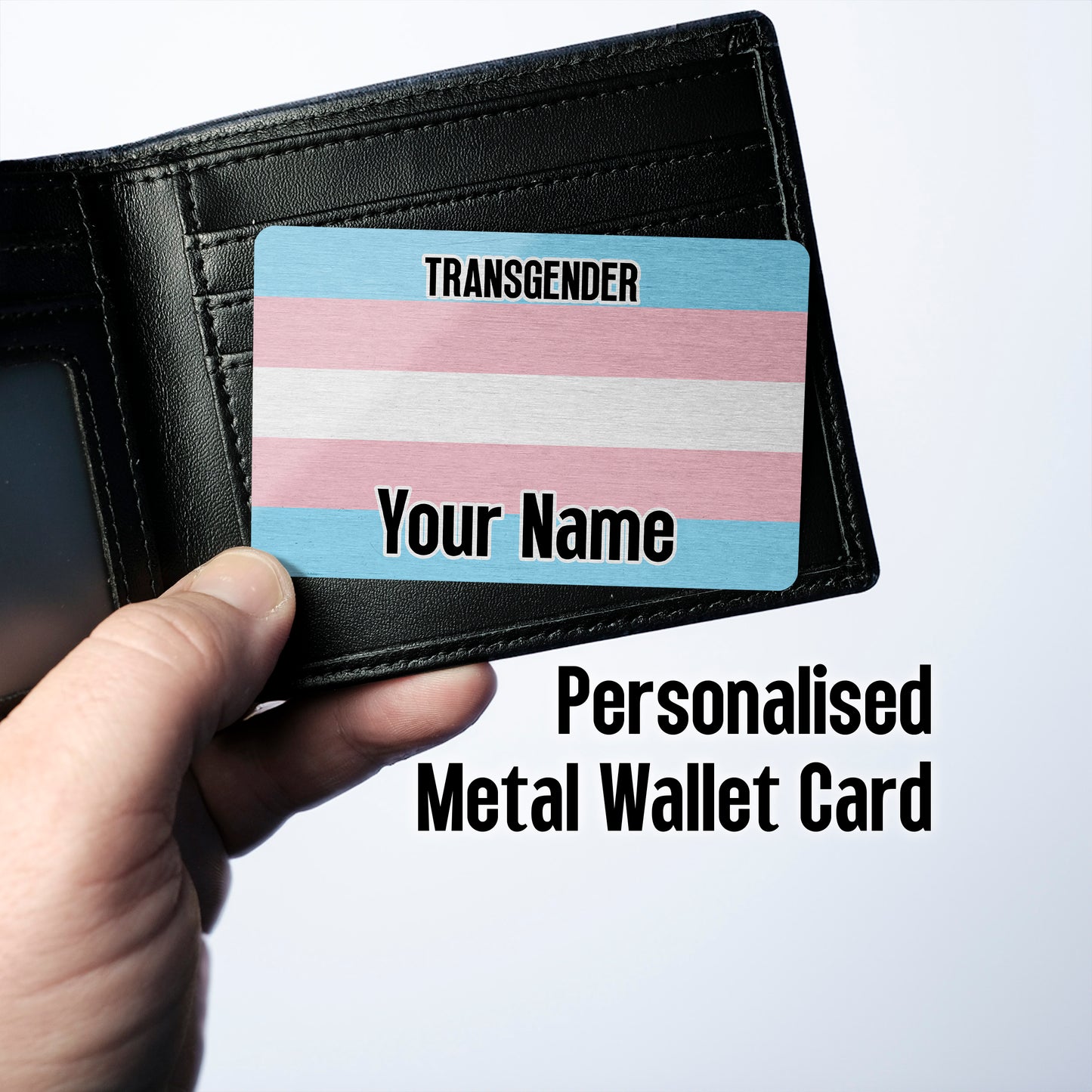 Aluminium metal wallet card personalised with your name and the transgender pride flag