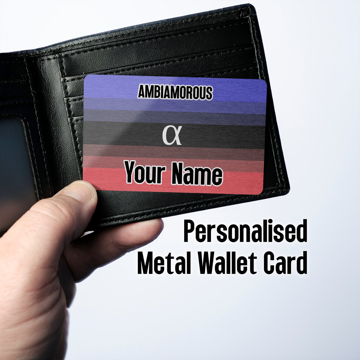 Aluminium wallet card personalised with your name and the ambiamorous pride flag