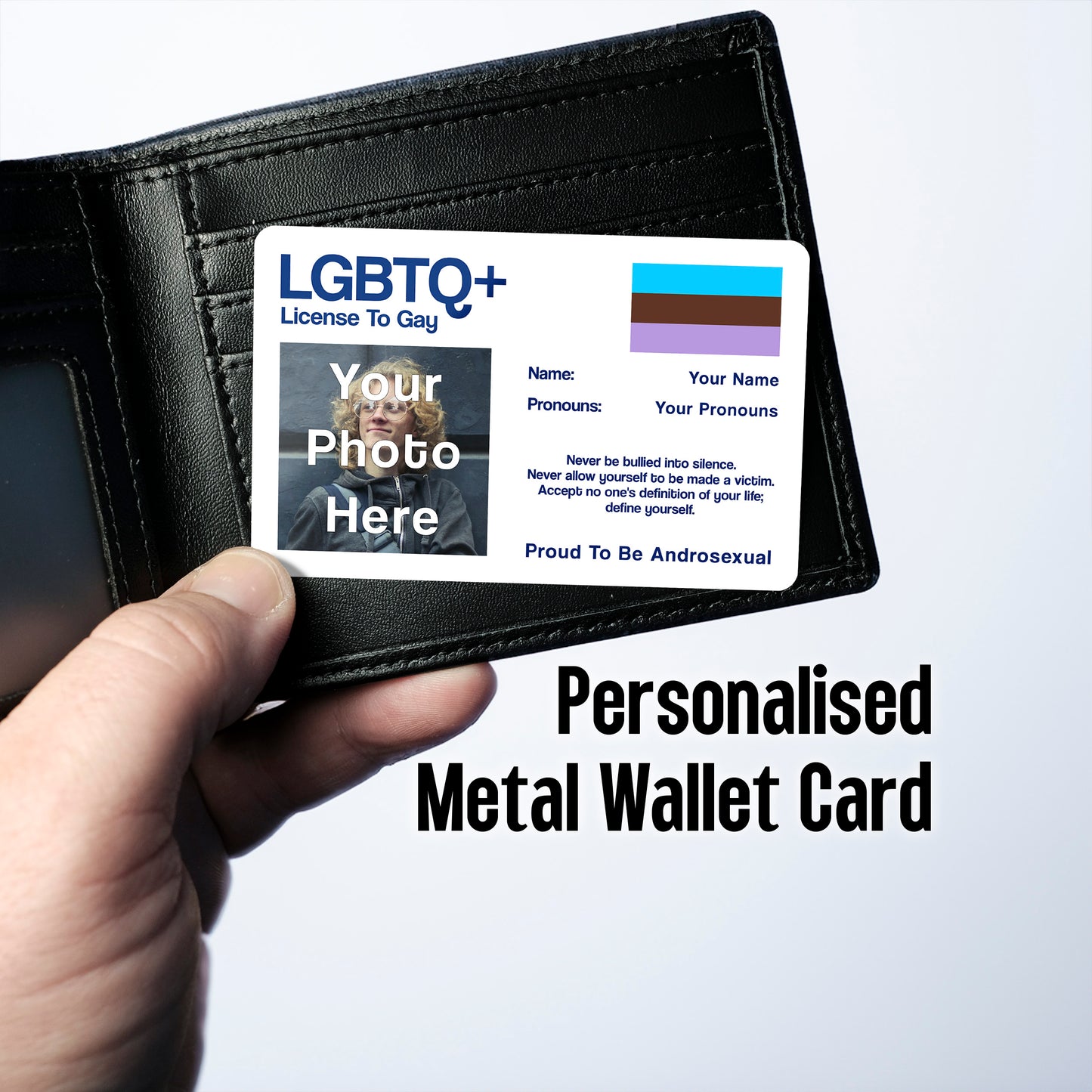 Androsexual license to gay aluminium wallet card personalised with your name, pronouns and photo