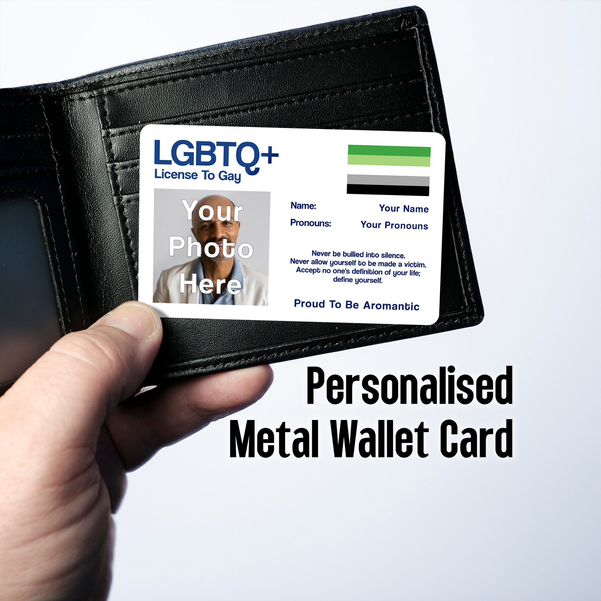 Aromantic license to gay aluminium wallet card personalised with your name, pronouns, and photo