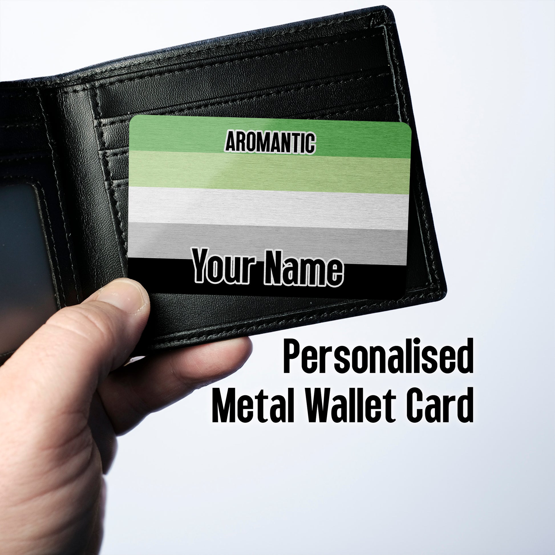 Aluminium wallet card personalised with your name and the aromantic pride flag