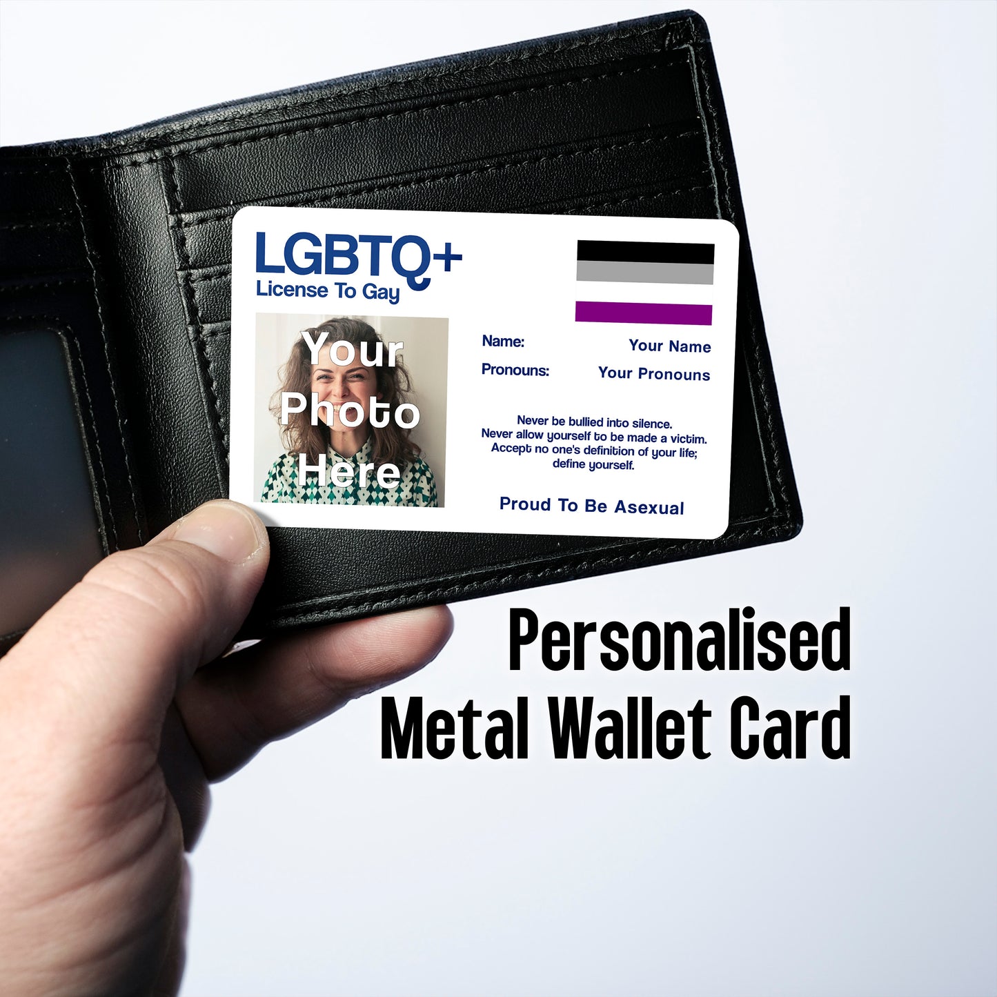 Asexual License To Gay aluminium wallet card personalised with your name, pronouns, and photo