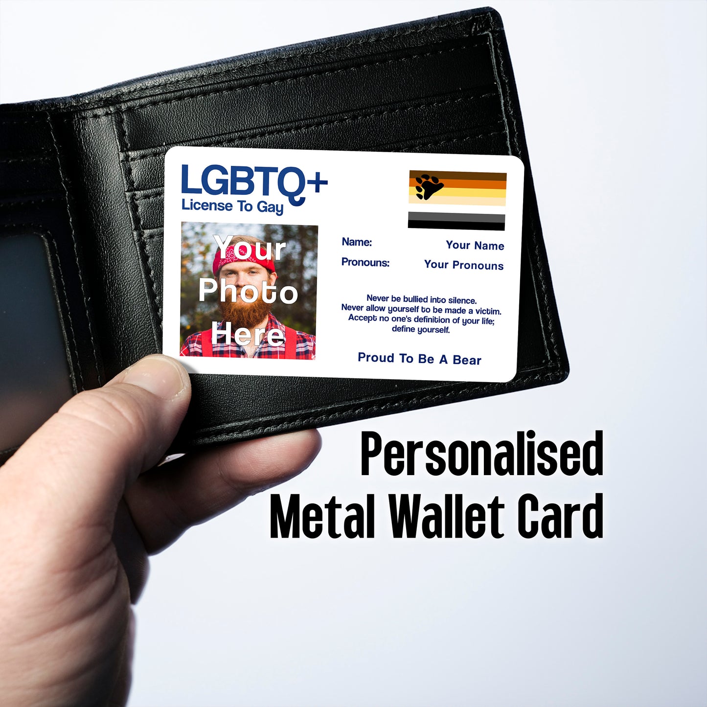 Bear license to gay aluminum wallet card personalised with your name, pronouns, and photo