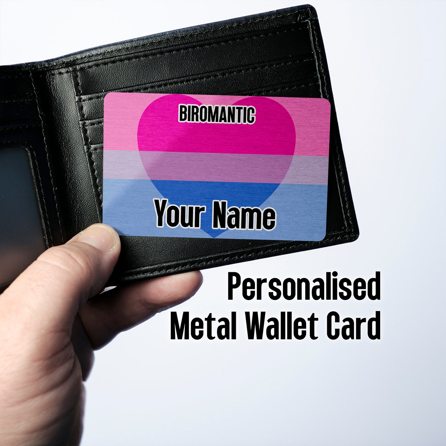 Aluminium wallet card personalised with your name and the biromantic pride flag