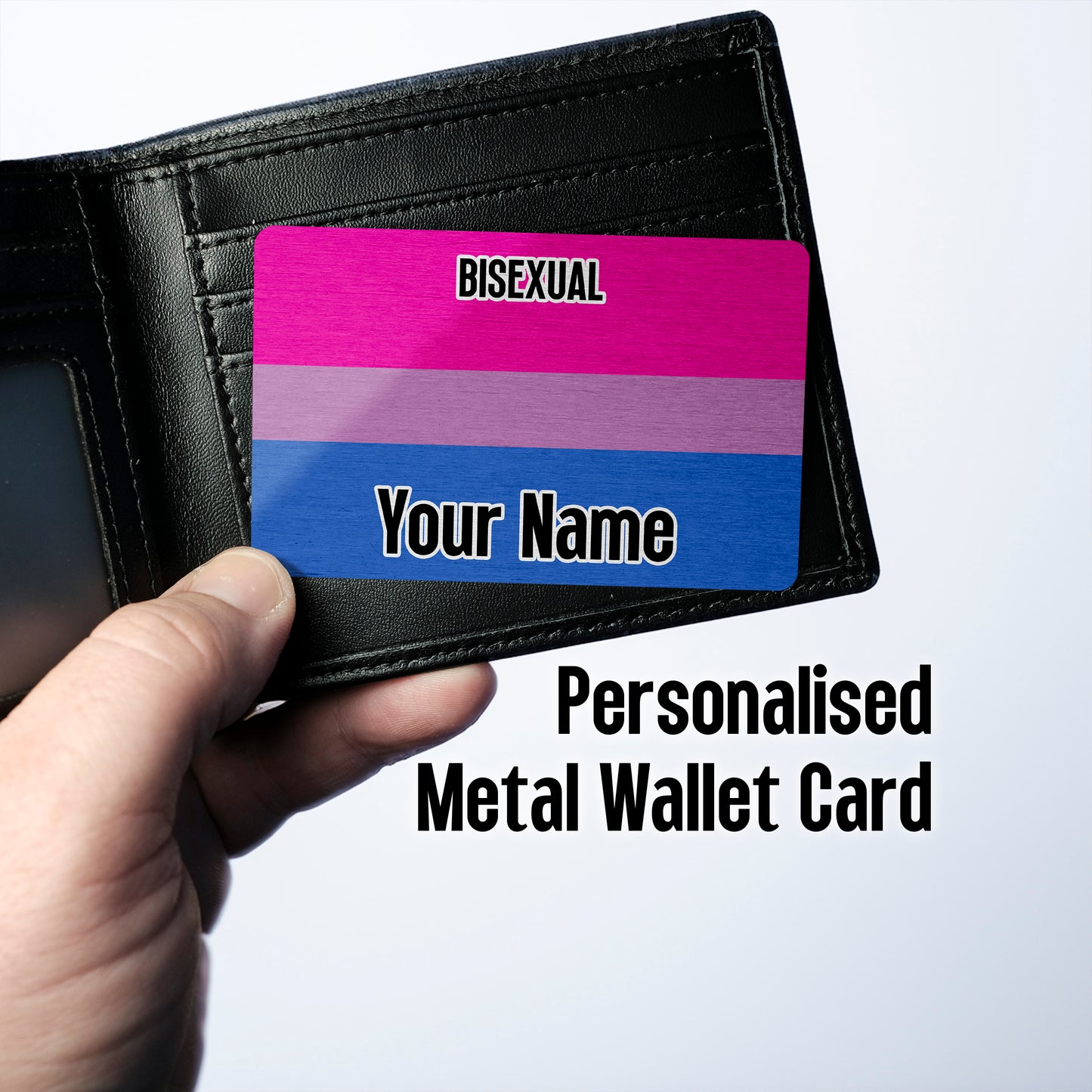 Aluminium metal wallet card personalised with your name and the bisexual pride flag