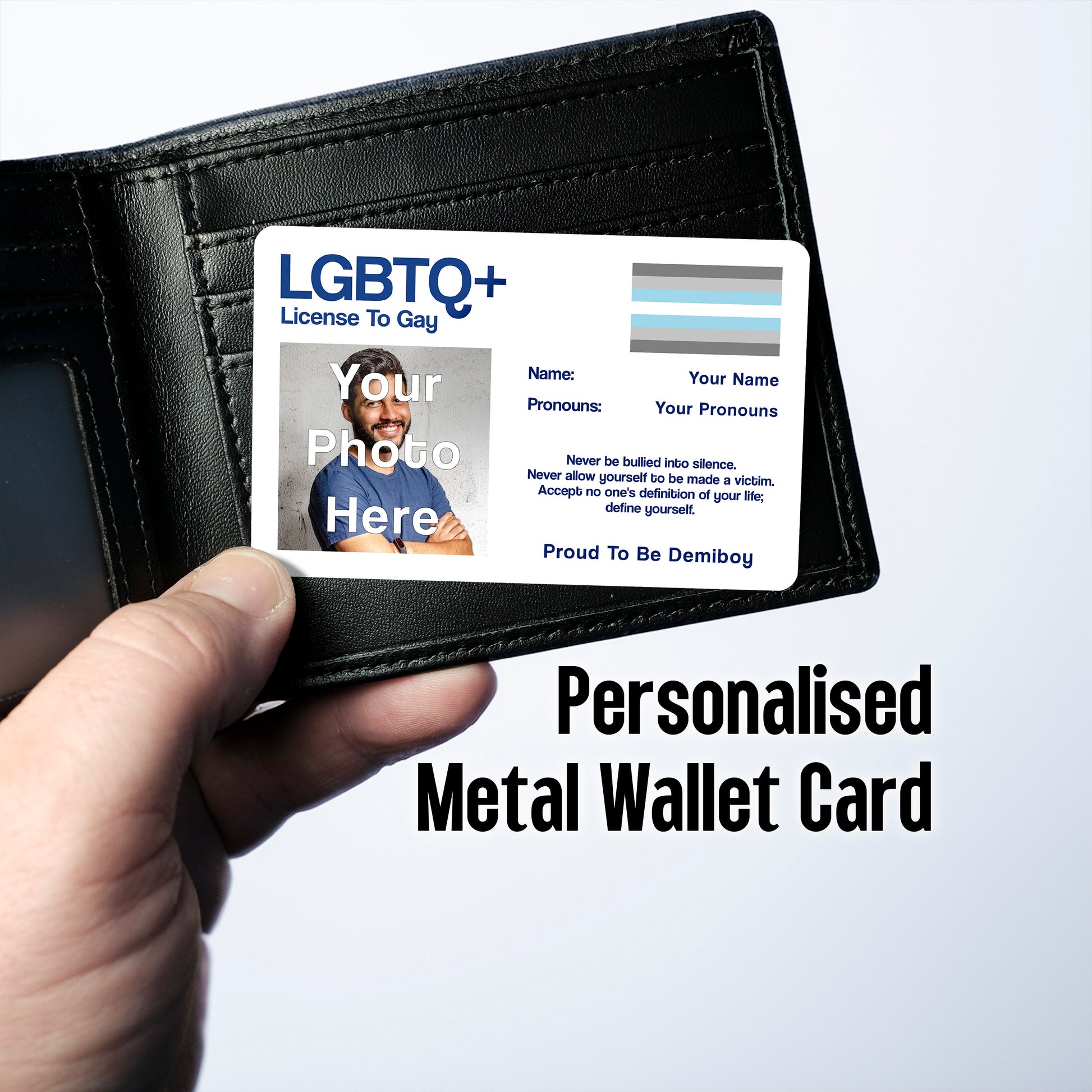 Demiboy license to gay aluminium wallet card personalised with your name, pronouns, and photo