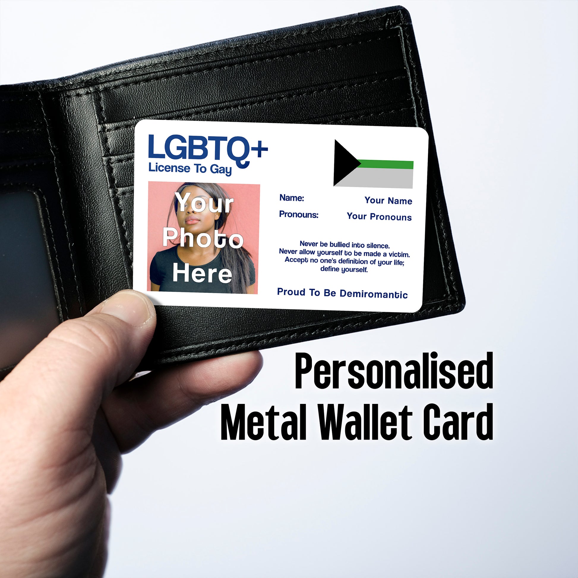 Demiromantic license to gay aluminium wallet card personalised with your name, pronouns and photo