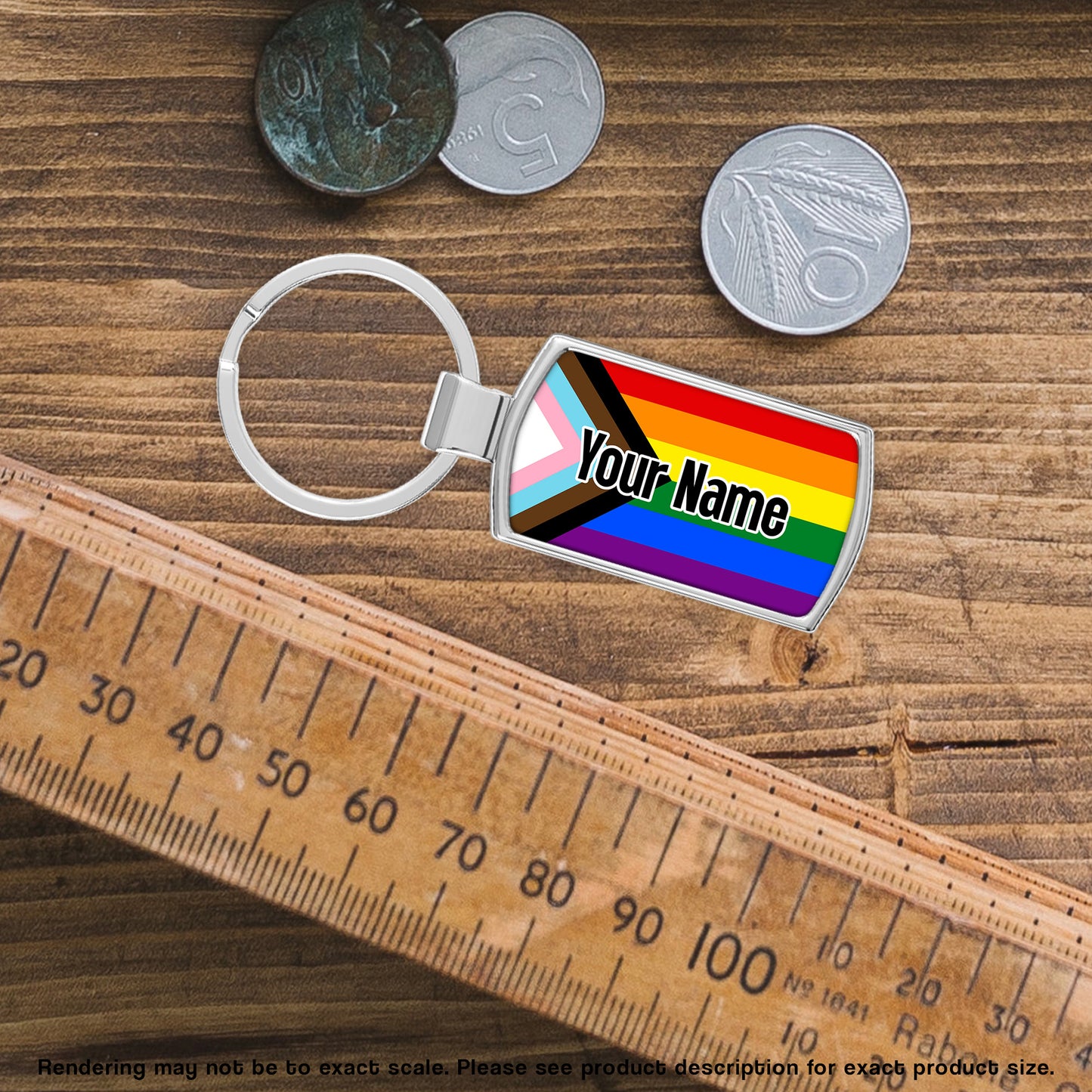 Gay progress pride flag metal keyring personalised with your name