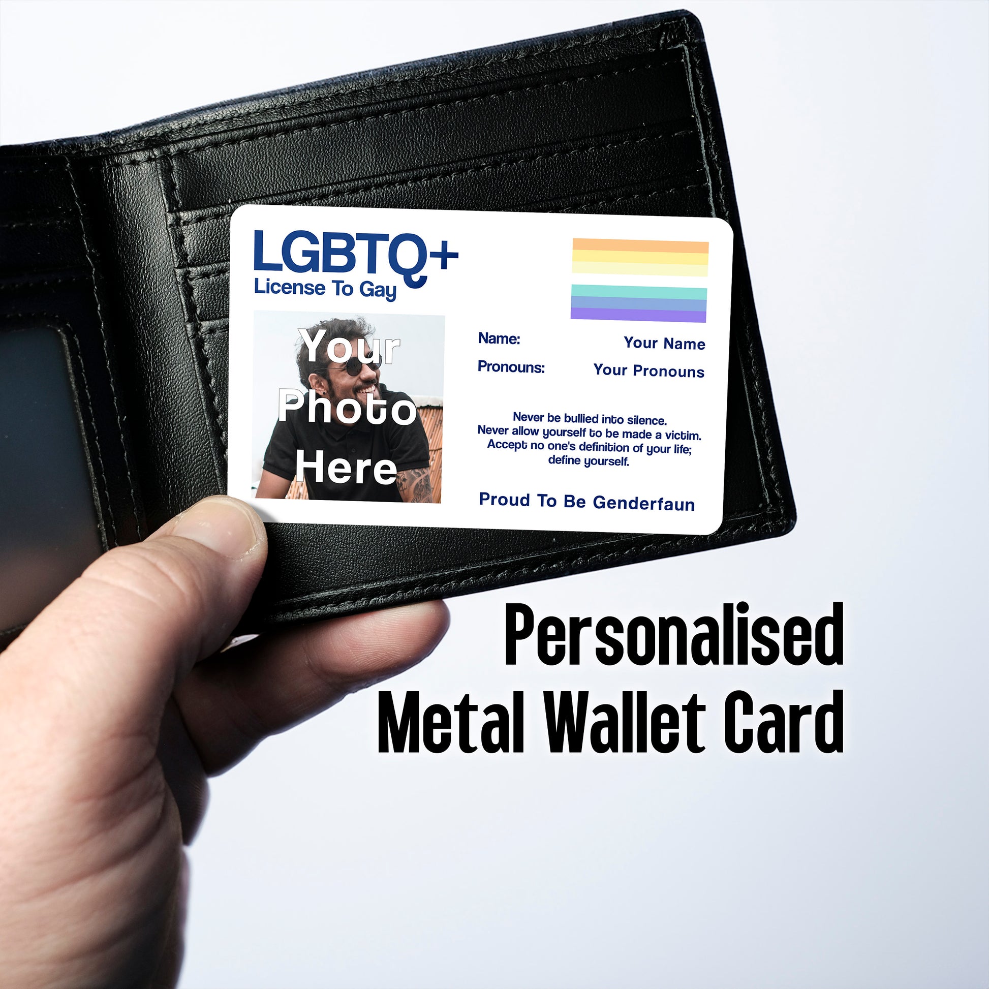 Genderfaun license to gay aluminium wallet card personalised with your name, pronouns and photo