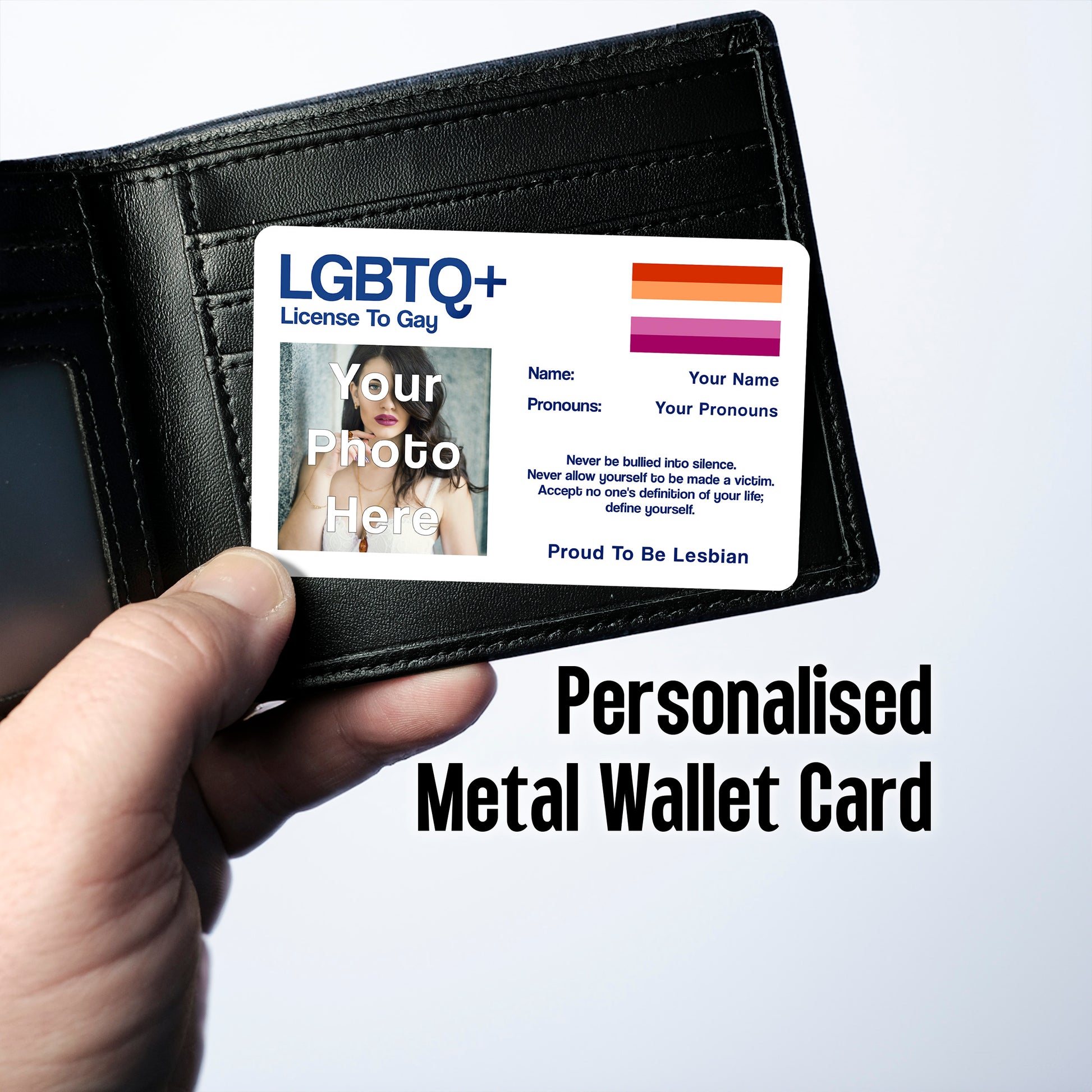 Lesbian License To Gay aluminium wallet card personalised with your name, pronouns, and photo