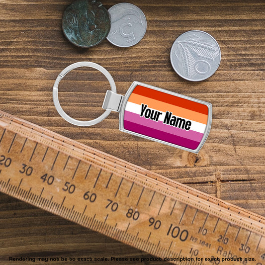 Lesbian pride keyring with lesbian flag and personalised with your name printed over the flag