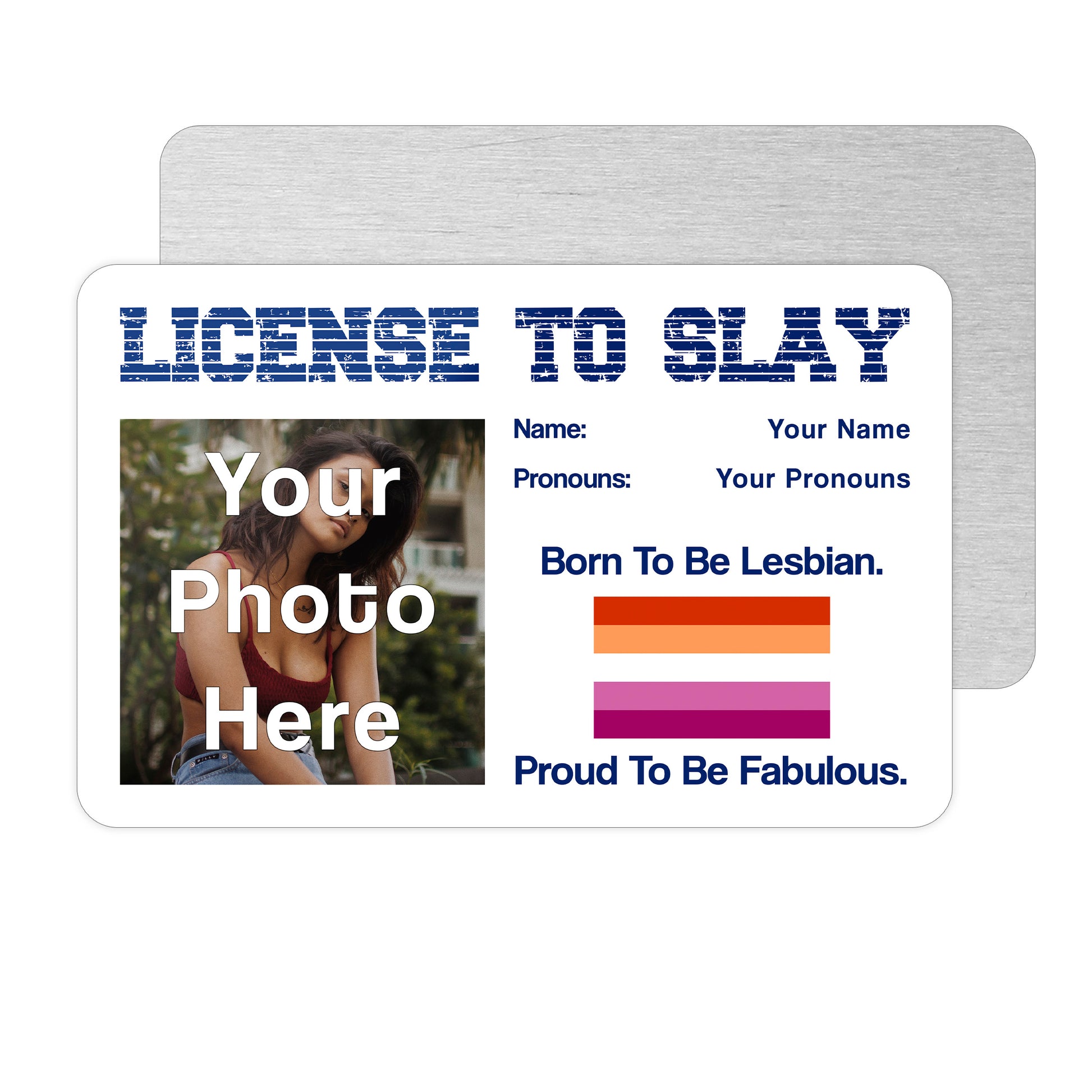 License to slay aluminium wallet card personalised with your name pronouns photo and the lesbian pride flag
