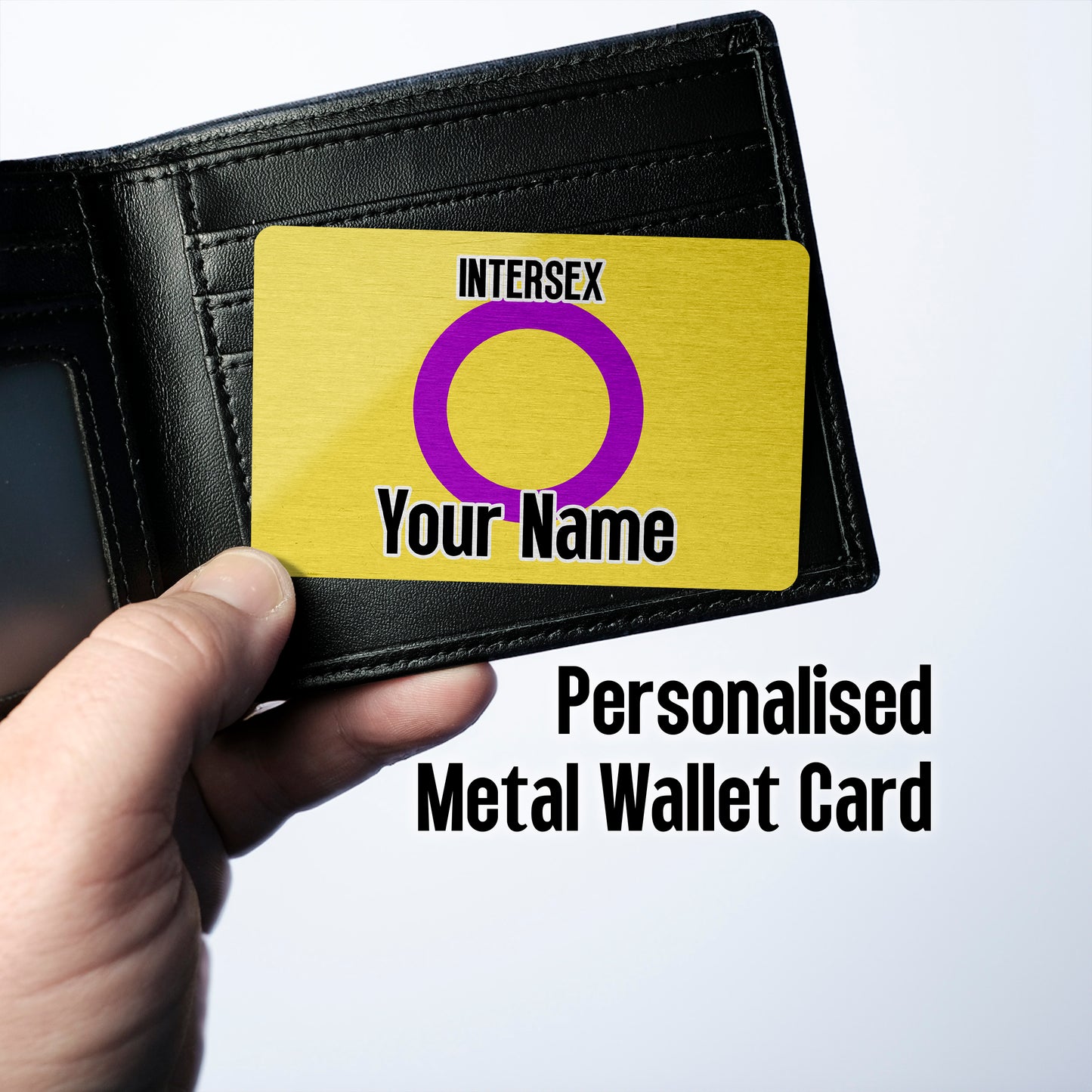 Aluminium wallet card personalised with your name and the intersex pride flag