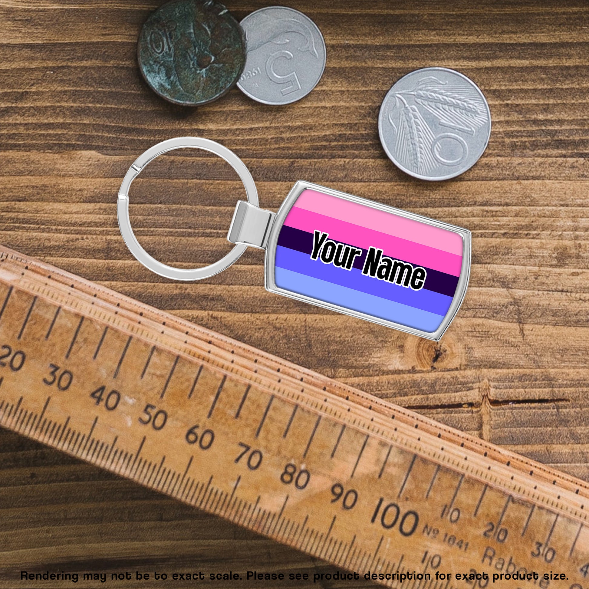 Metal keyring with omnisexual pride flag personalised with your name