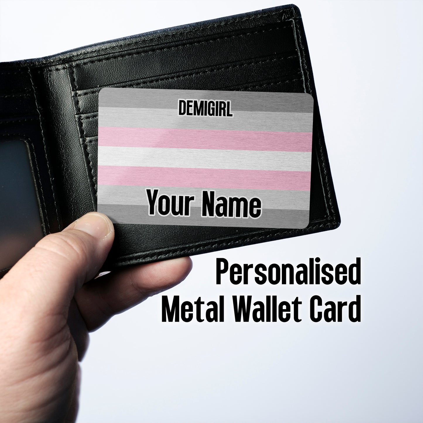 Aluminium wallet card personalised with your name and the demigirl pride flag