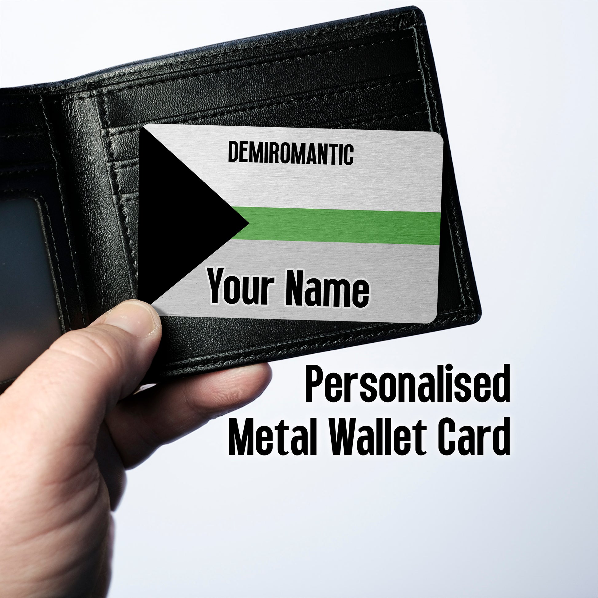 Aluminium wallet card personalised with your name and the demiromantic pride flag