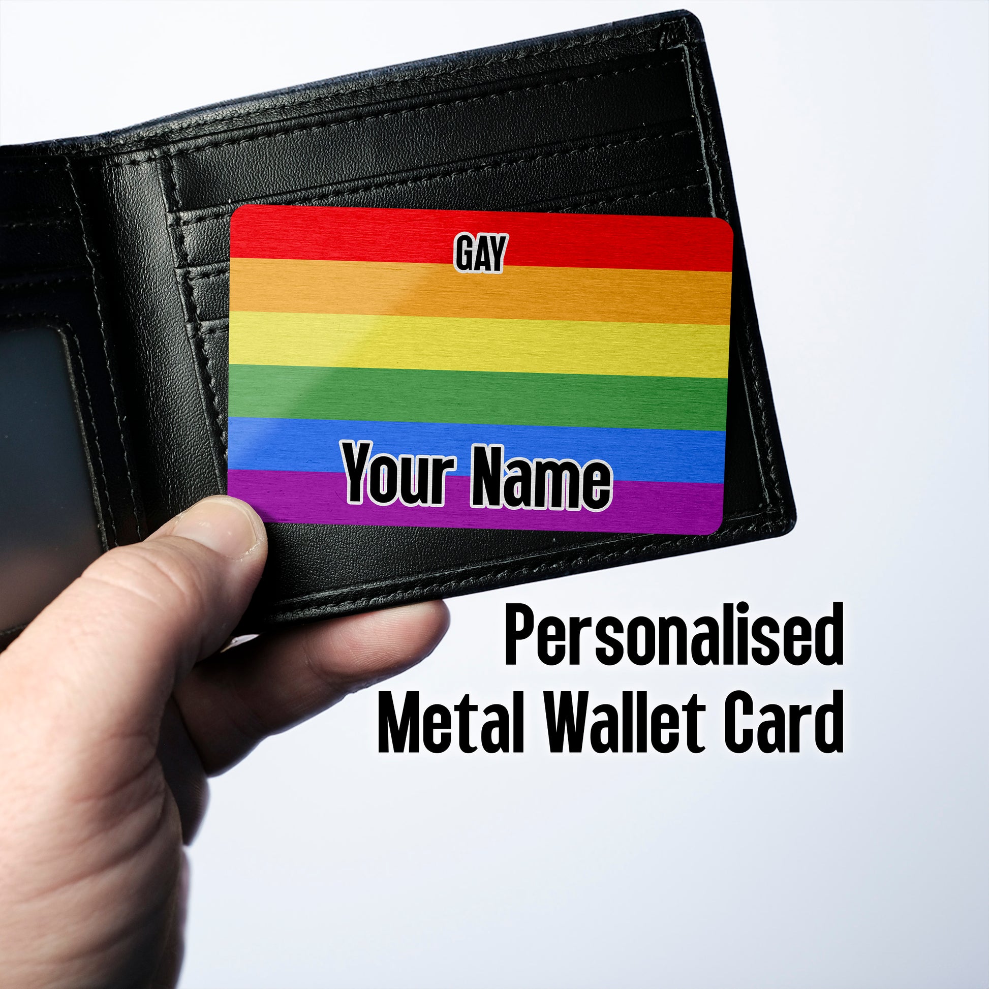 Aluminium metal wallet card personalised with your name and the classic rainbow gay pride flag
