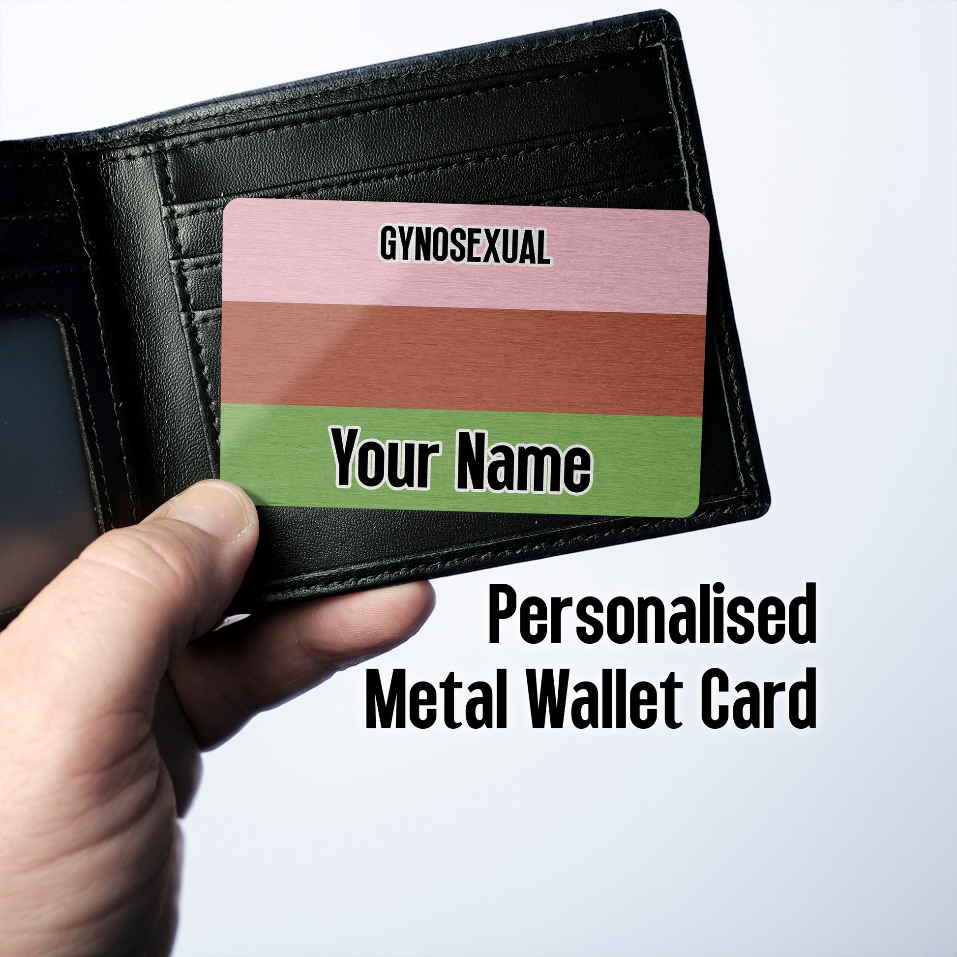 Aluminium wallet card personalised with your name and the gynosexual pride flag