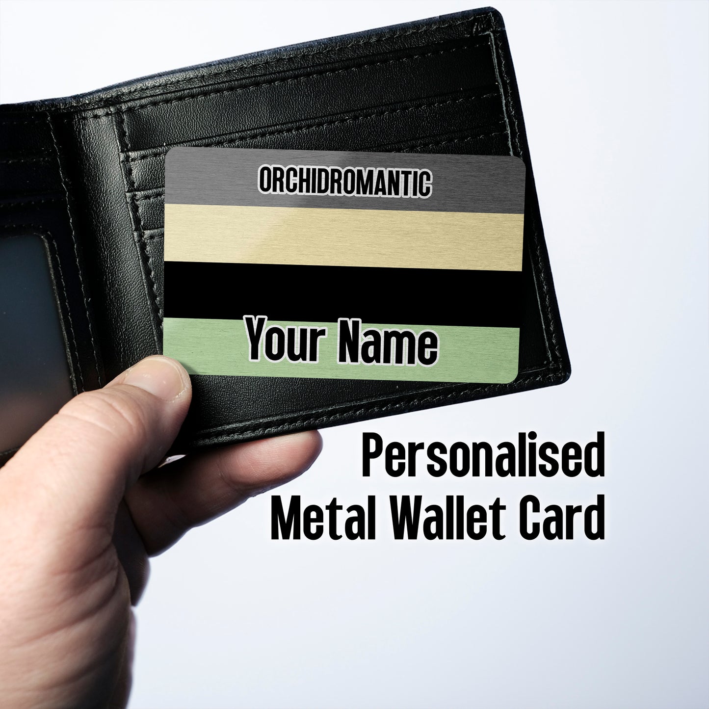 Aluminium wallet card personalised with your name and the orchidromantic pride flag