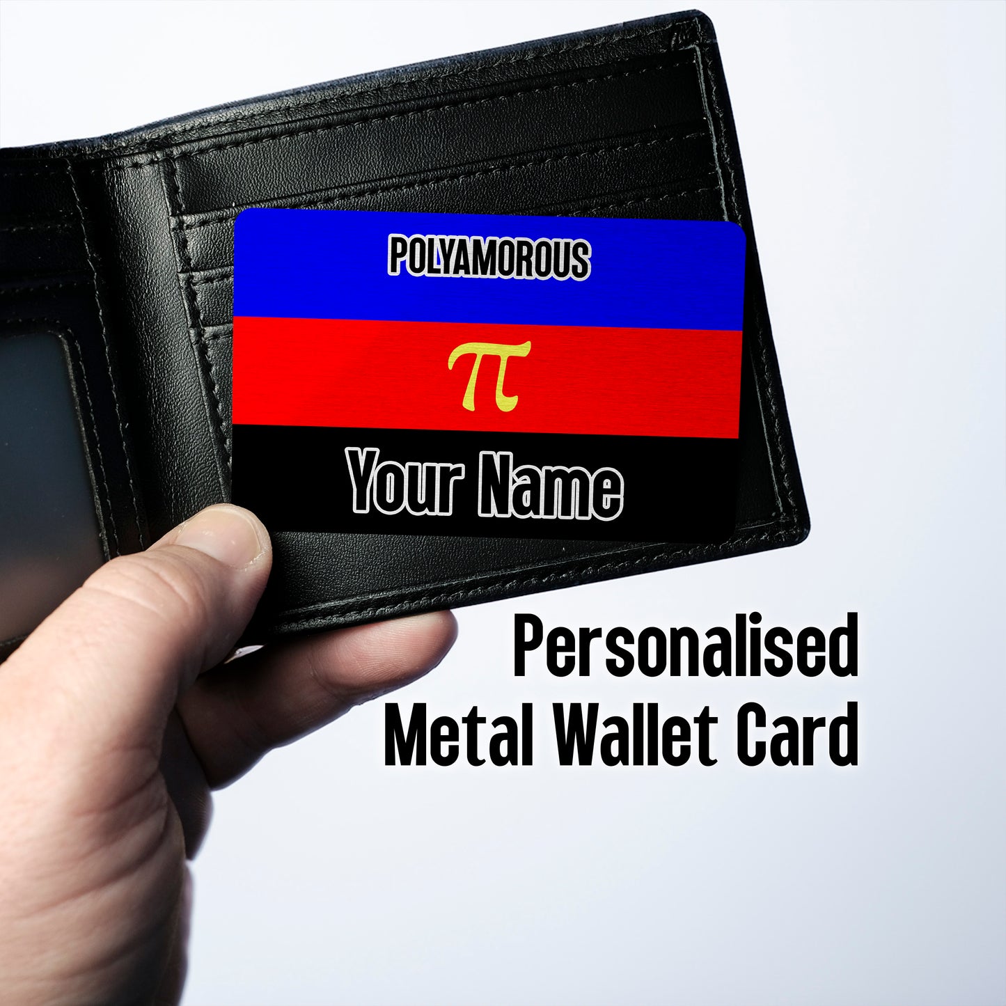 aluminium wallet card personalised with your name and the polyamorous pride flag (pi symbol version)
