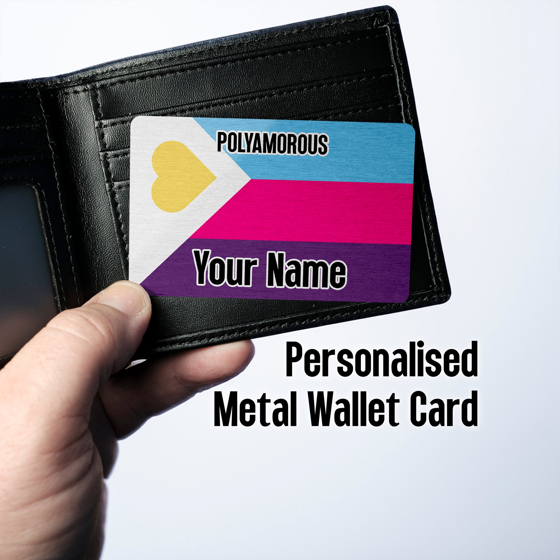 Aluminium wallet card personalised with your name and the new polyamorous pride flag tricolour version