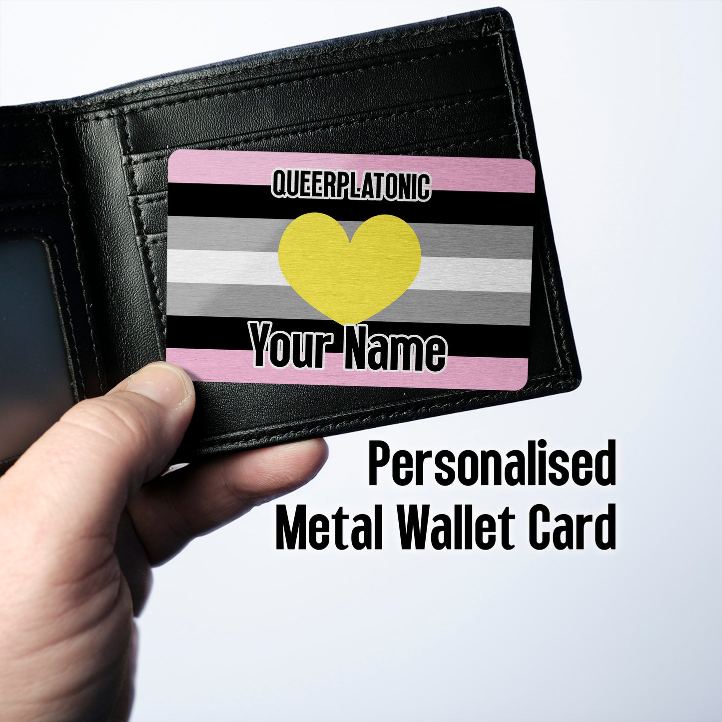 Aluminium wallet card personalised with your name and the queerplatonic pride flag