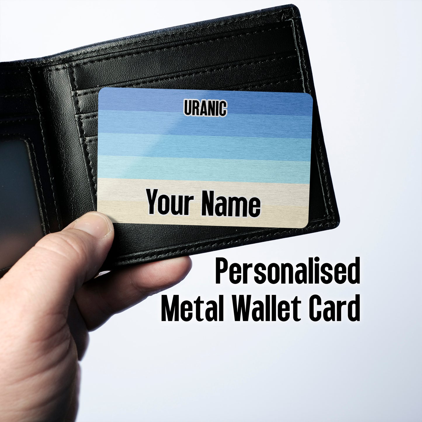 Aluminium wallet card personalised with your name and the uranic pride flag