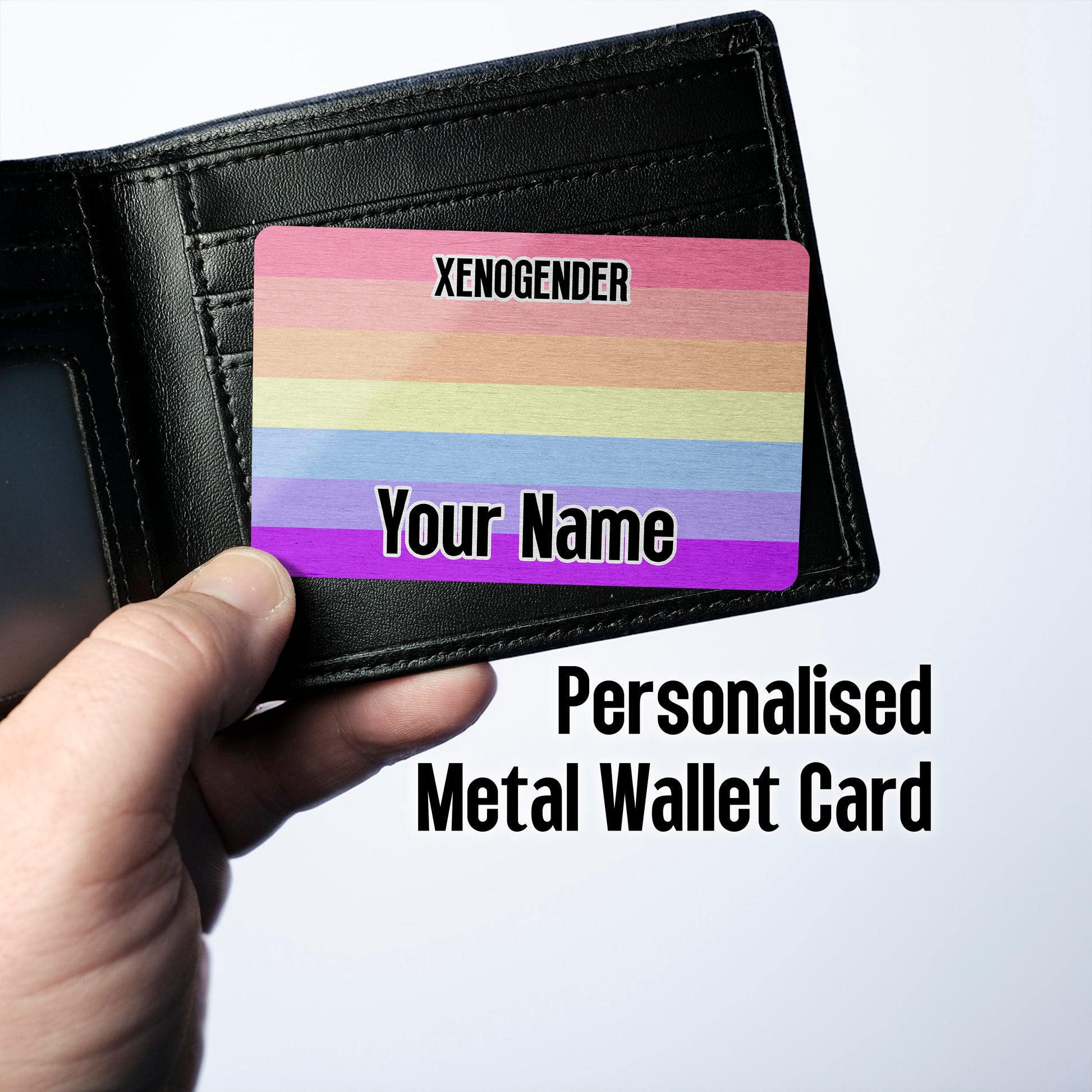 Aluminium wallet card personalised with your name and the xenogender pride flag