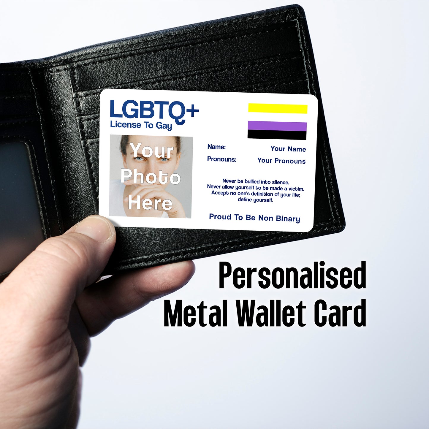 Non Binary License To Gay aluminium wallet card personalised with your name, pronouns, and photo