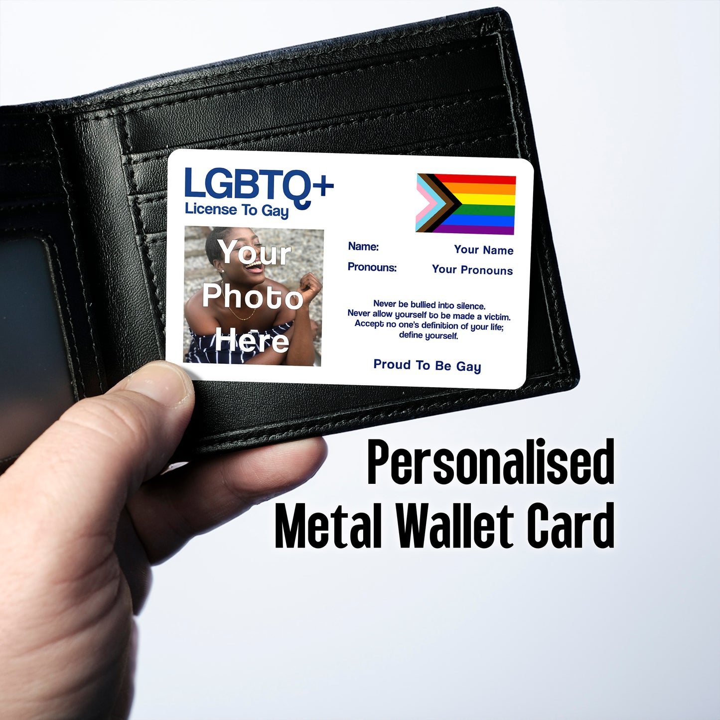 Progress pride license to gay aluminium card personalised with name pronouns and photo