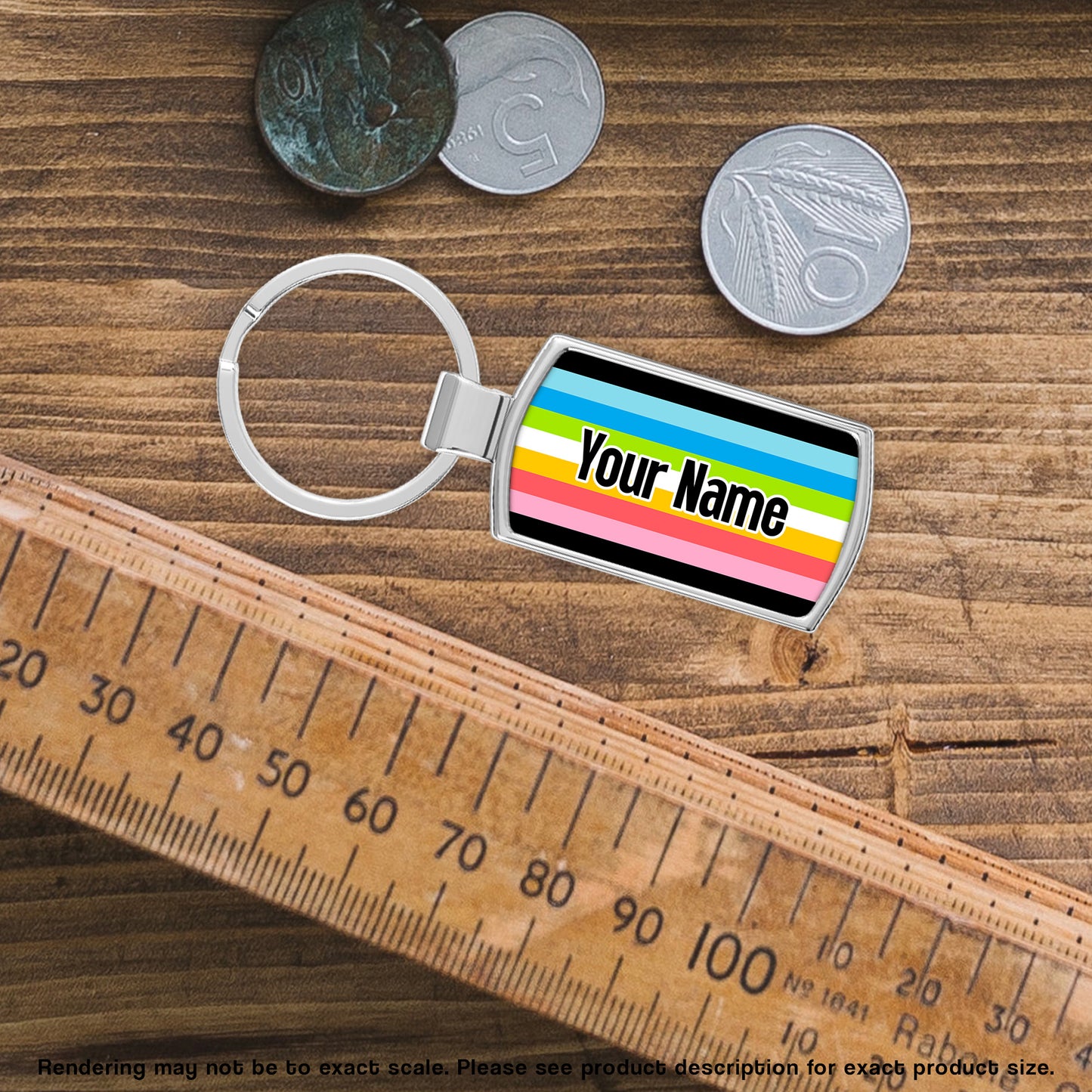 Queer pride flag metal keyring personalised with your name