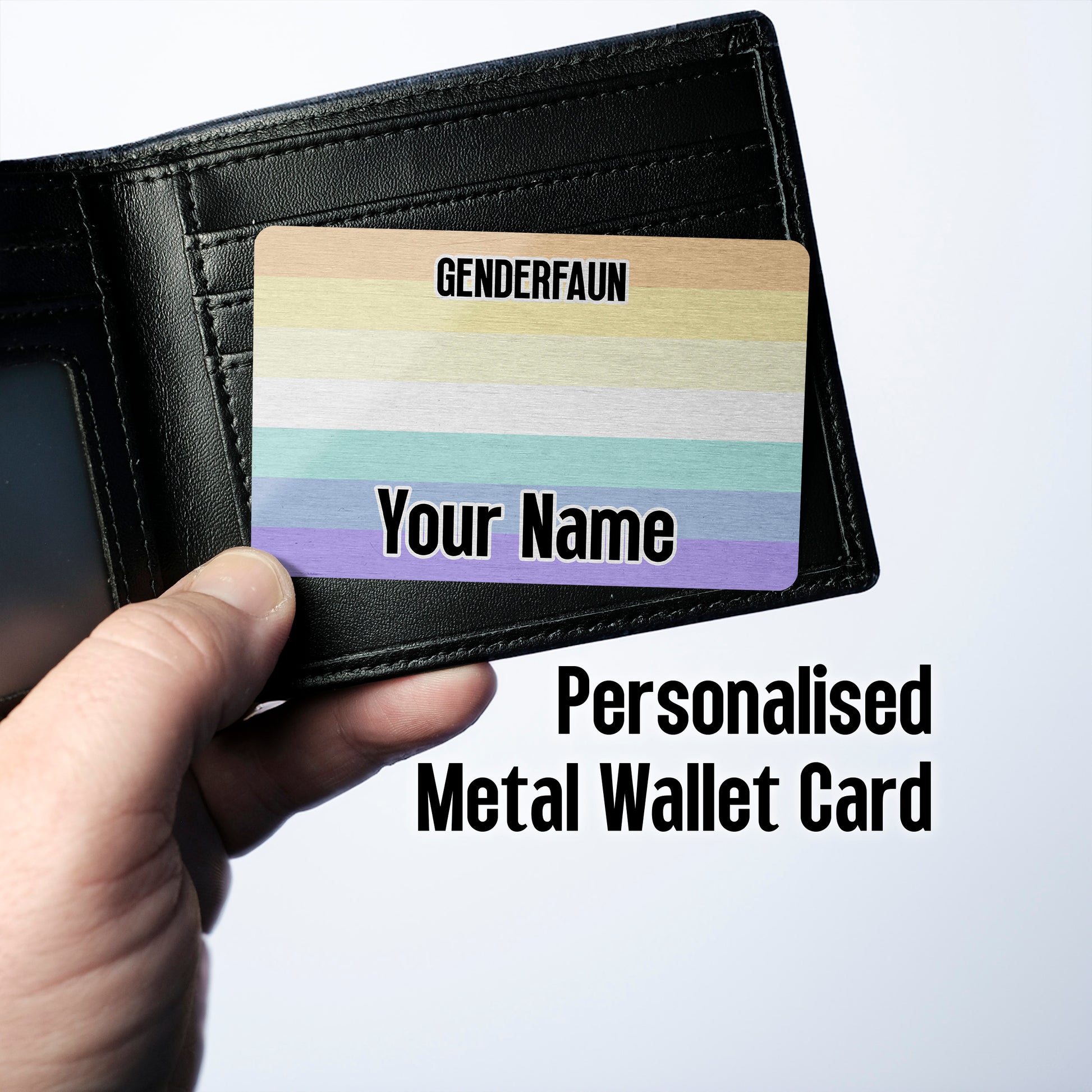 Aluminium wallet card personalised with your name and the genderfaun pride flag