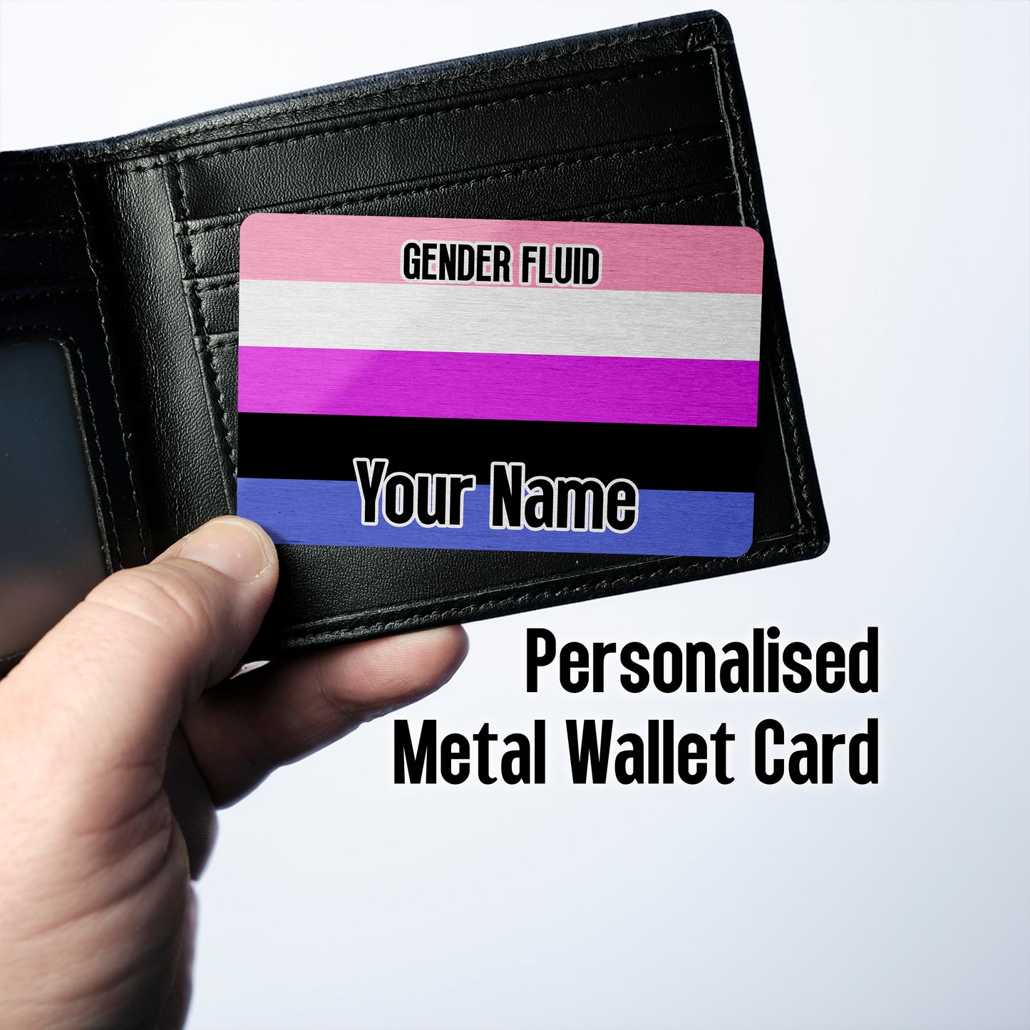 Aluminium metal wallet card personalised with your name and the gender fluid pride flag