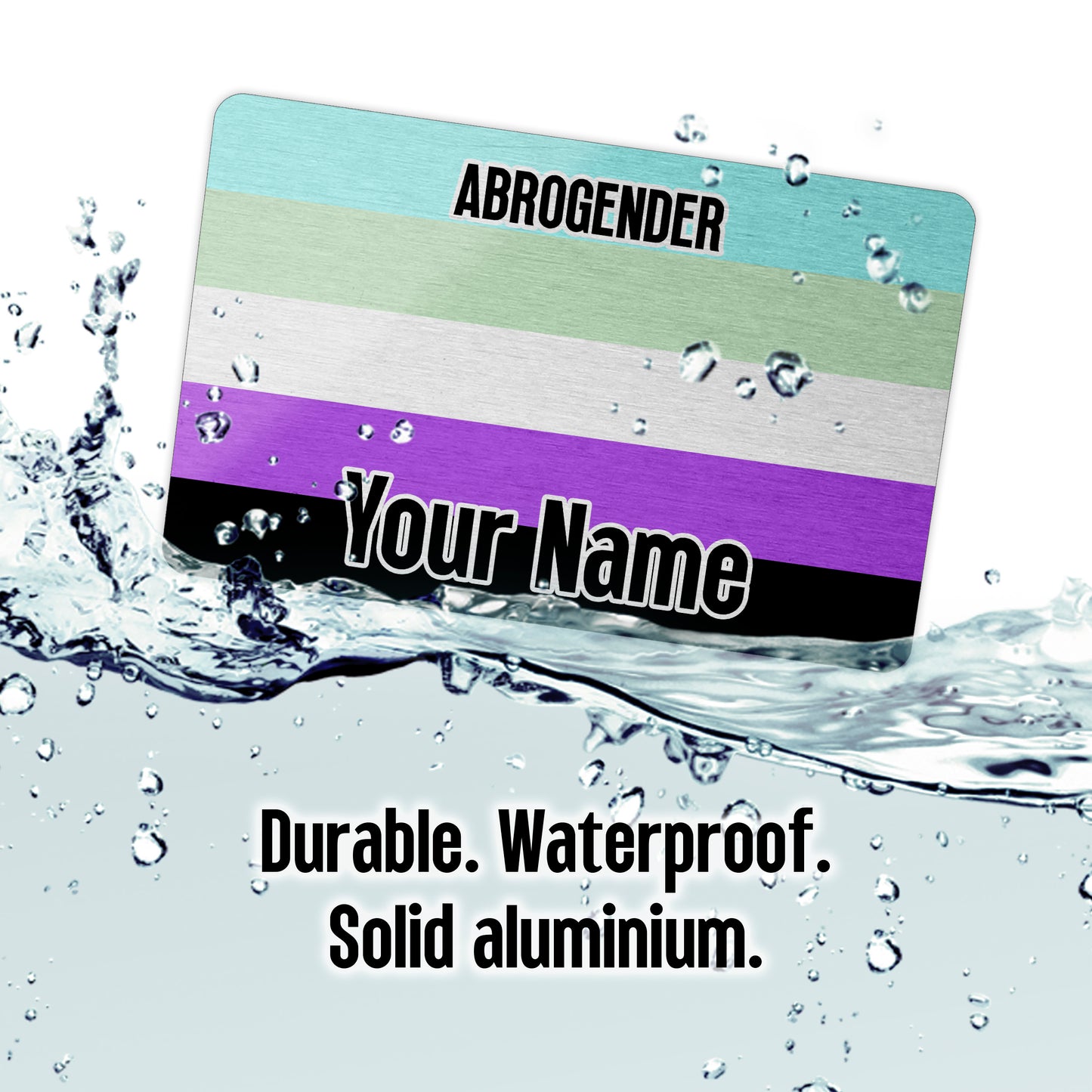Aluminium metal wallet card personalised with your name and the abrogender pride flag