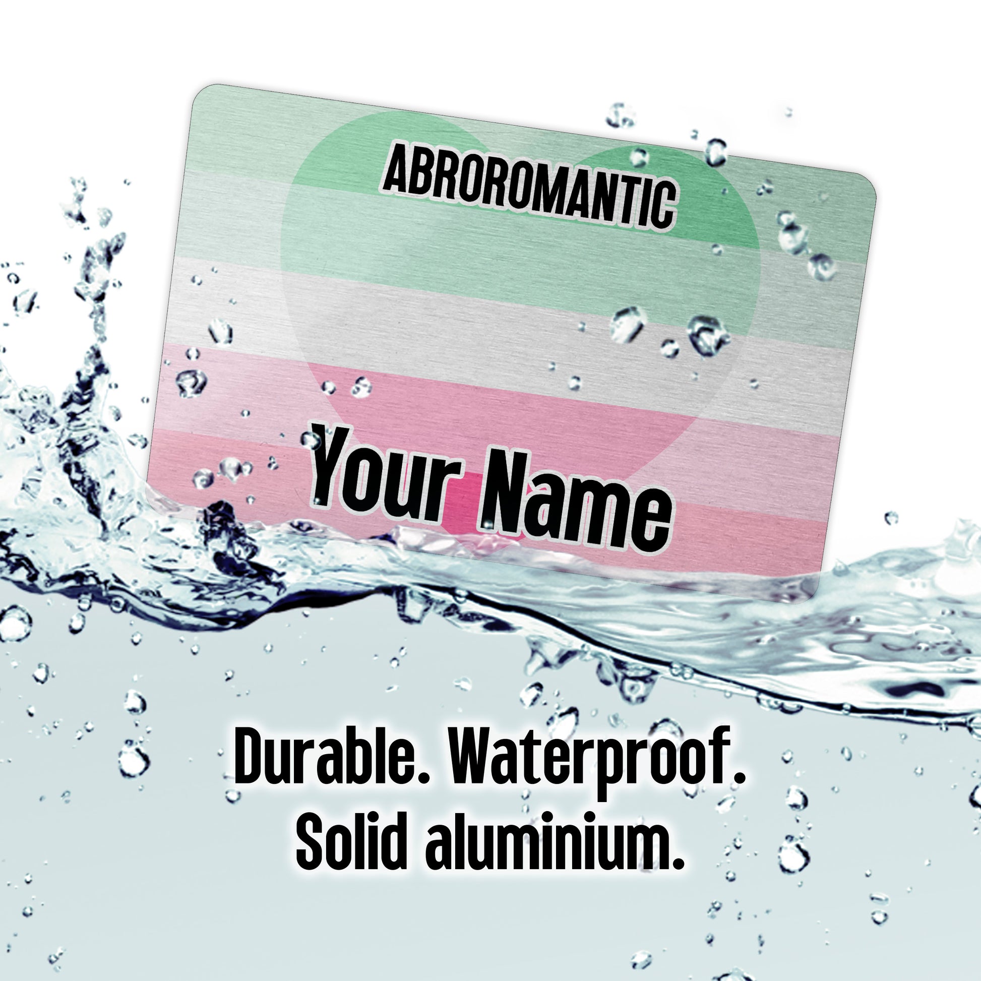 Aluminium metal wallet card personalised with your name and the abroromantic pride flag