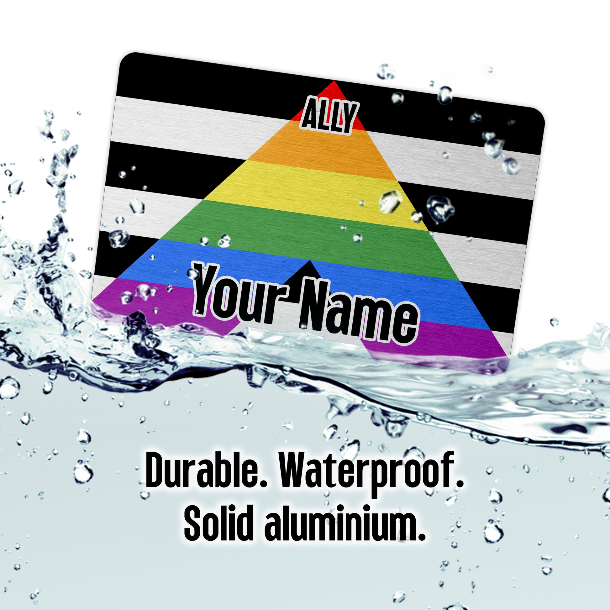 Aluminium wallet card personalised with your name and the ally pride flag