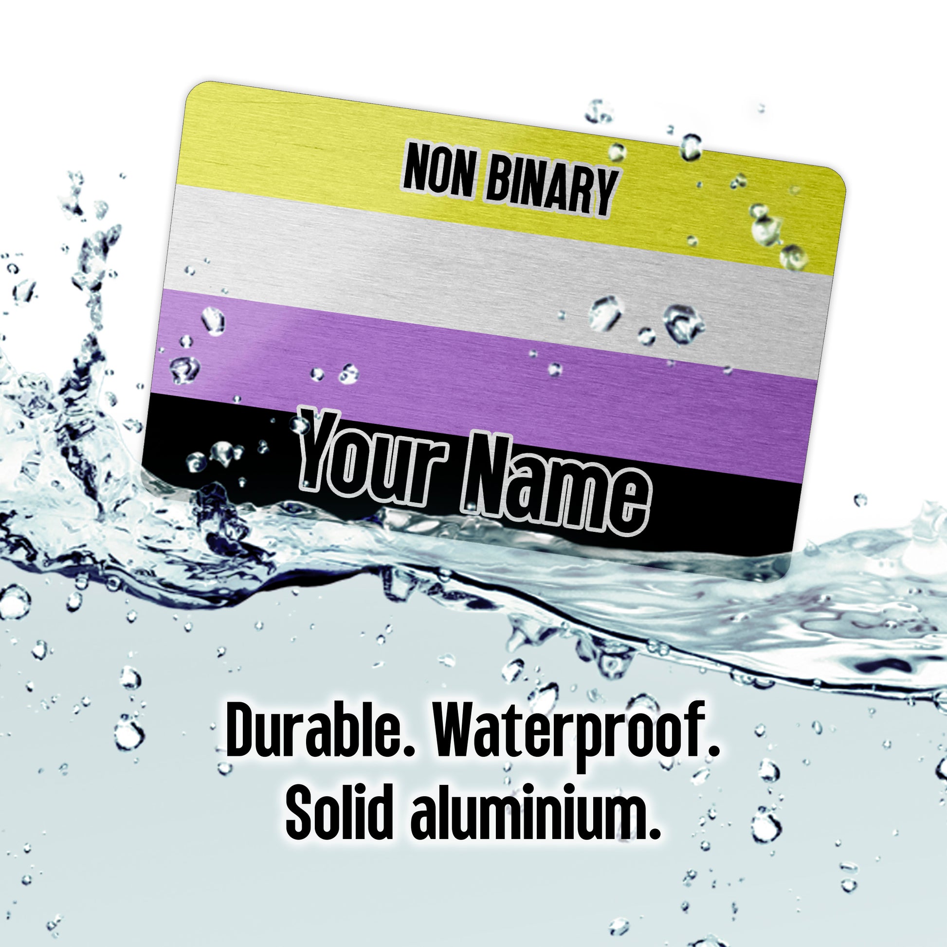 Aluminium wallet card personalised with your name and the non binary pride flag