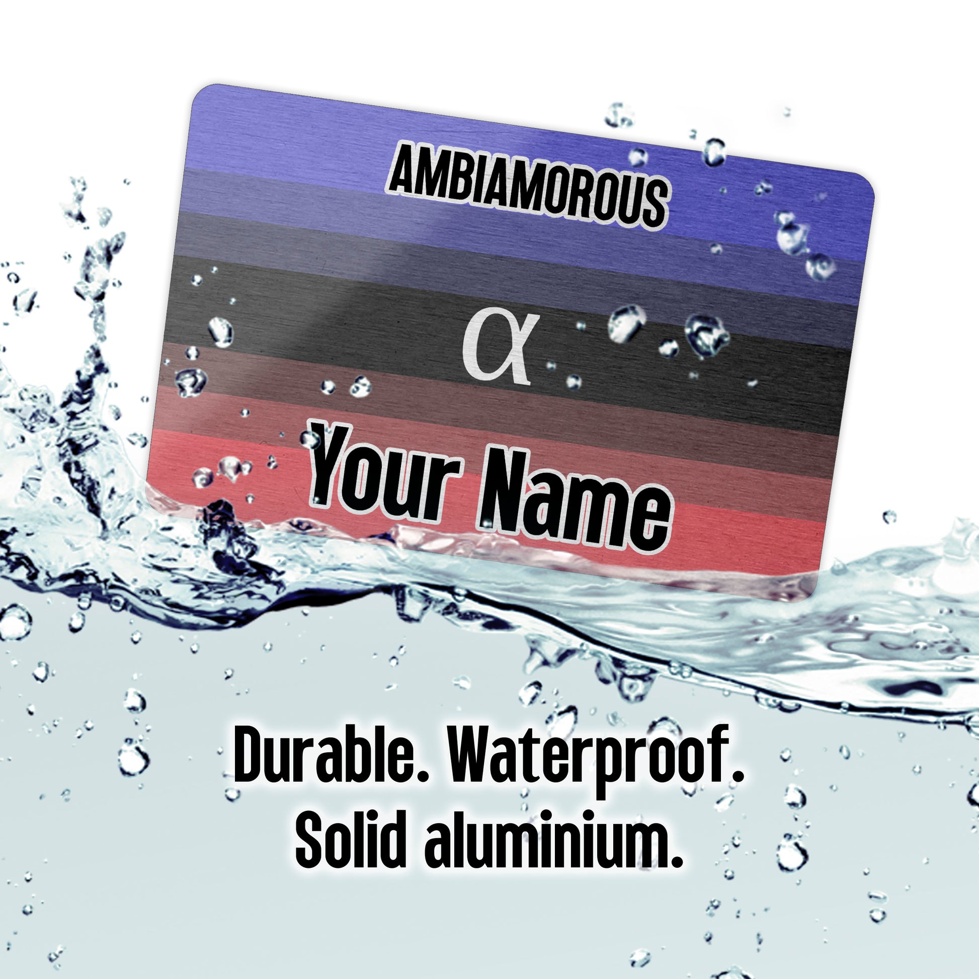 Aluminium wallet card personalised with your name and the ambiamorous pride flag