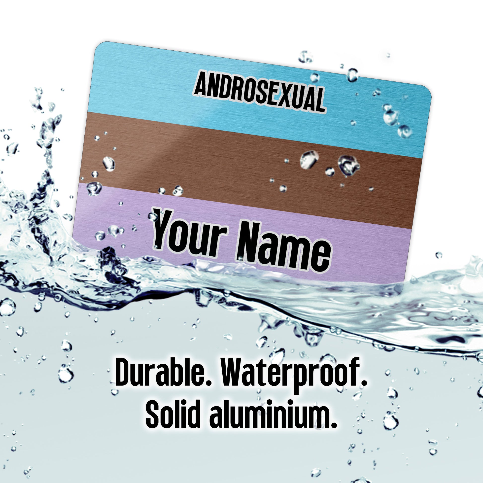 Aluminium wallet card personalised with your name and the androsexual pride flag