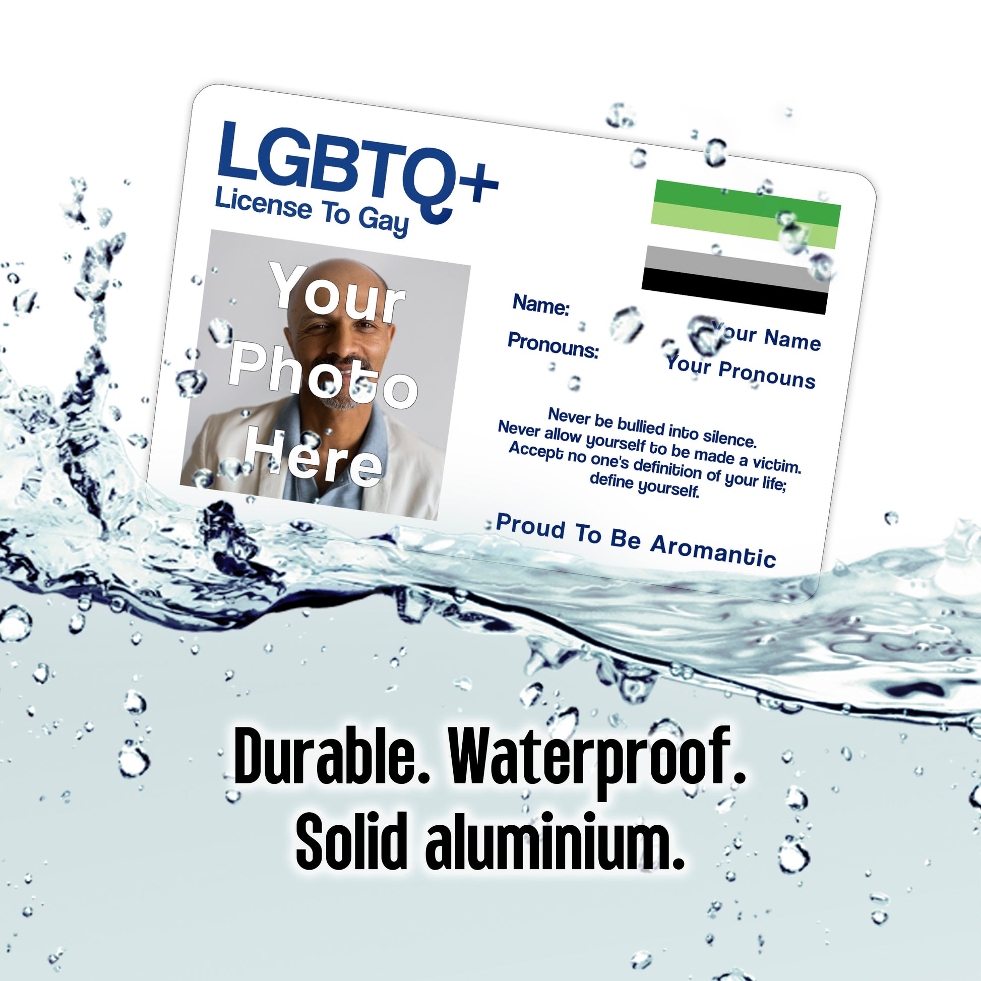 Aromantic license to gay aluminium wallet card personalised with your name, pronouns, and photo