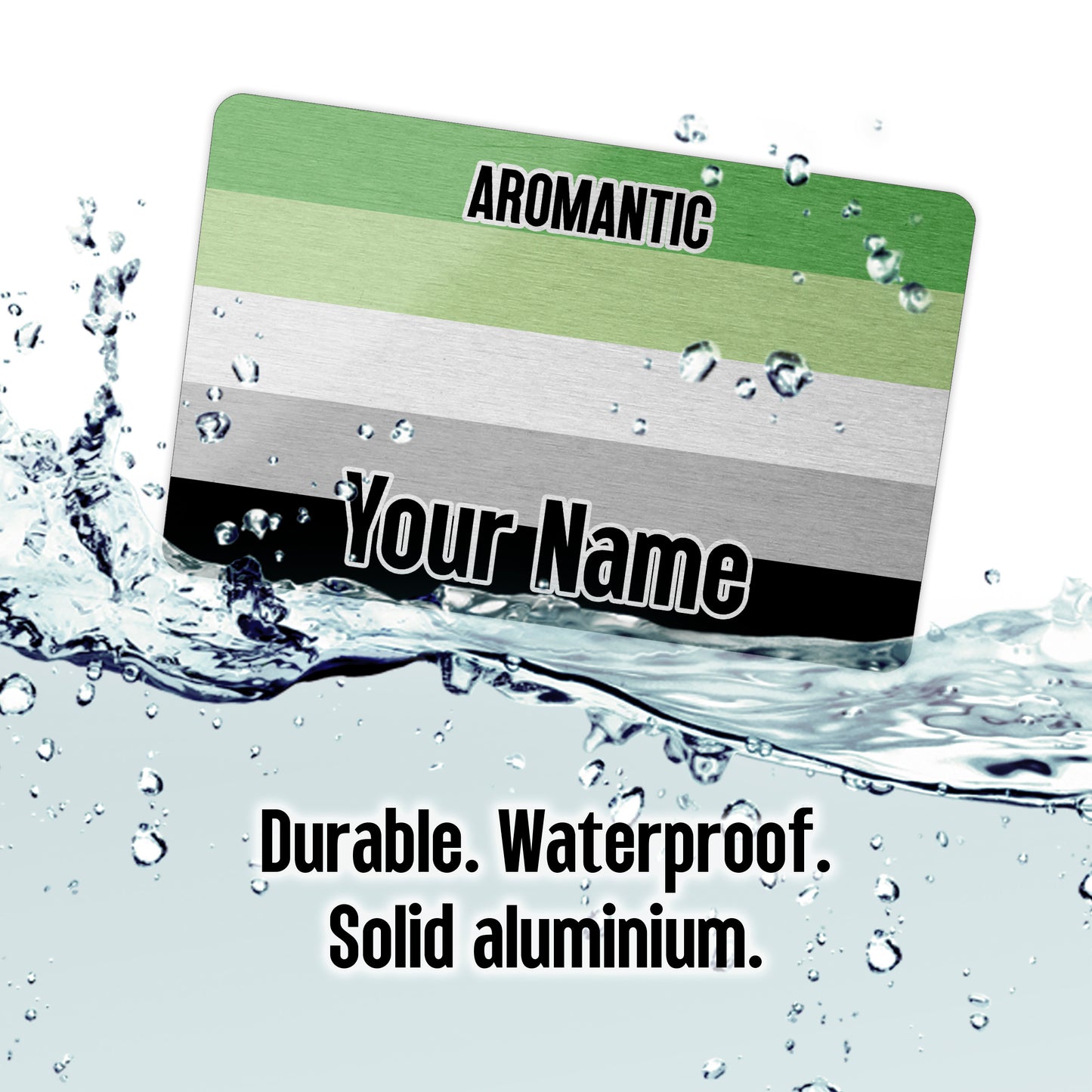 Aluminium wallet card personalised with your name and the aromantic pride flag