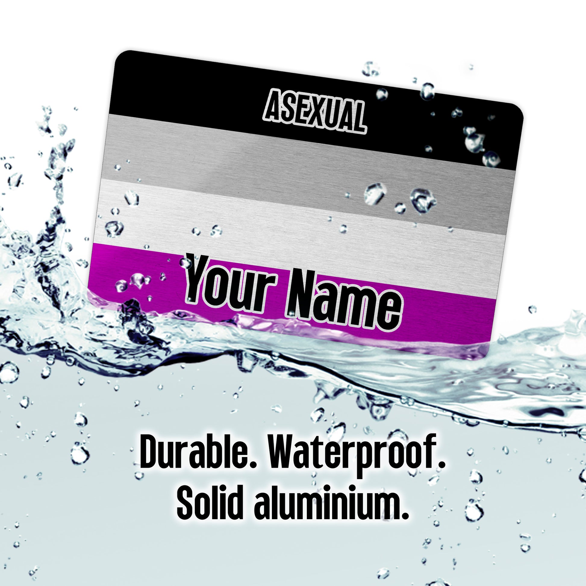 Aluminium metal wallet card personalised with your name and the asexual pride flag