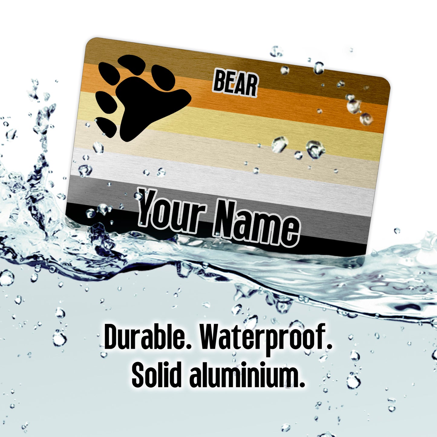 Aluminium wallet card personalised with your name and the bear pride flag