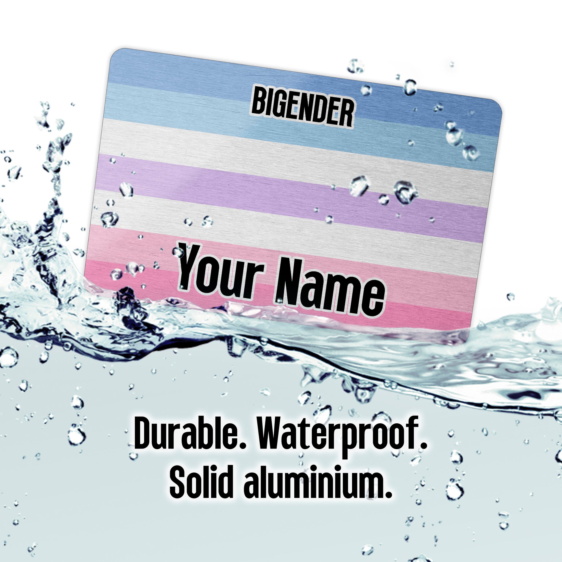 Aluminium wallet card personalised with your name and the bigender pride flag