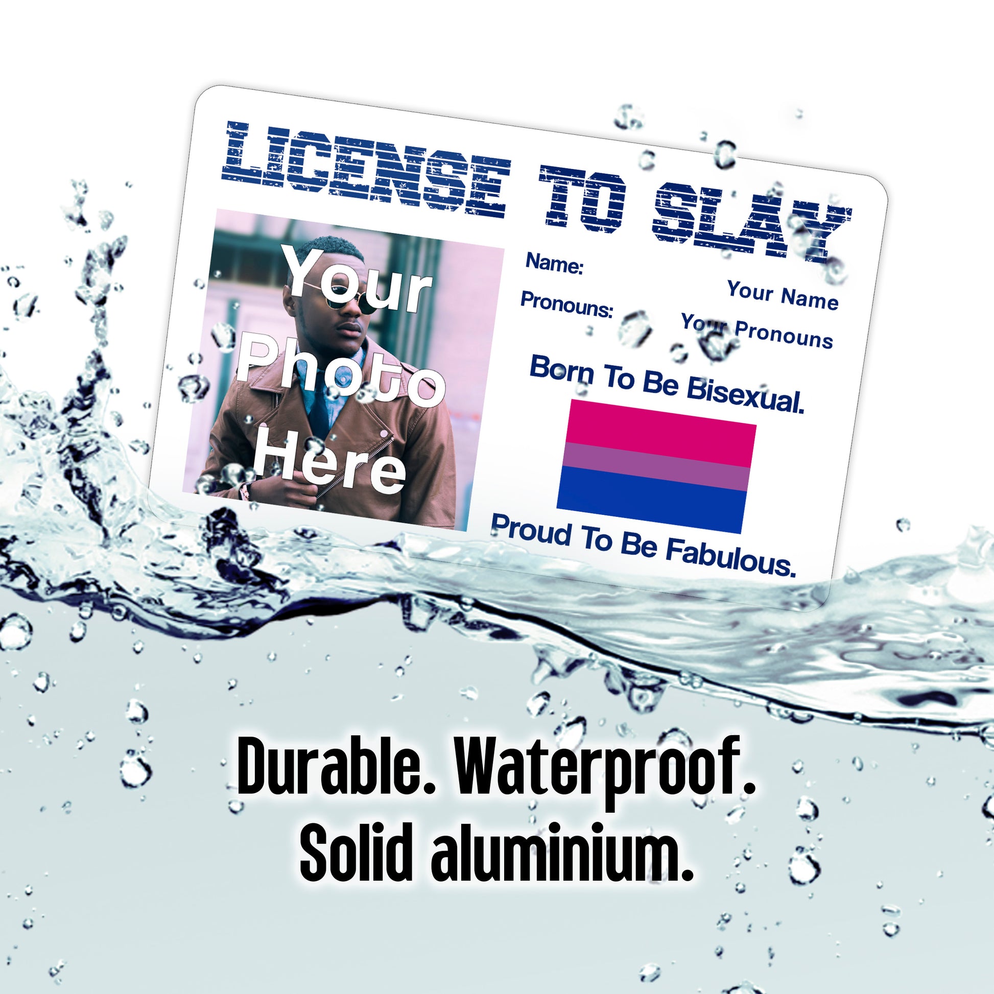 License to slay aluminium card personalised with your name pronouns photo and the bisexual pride flag