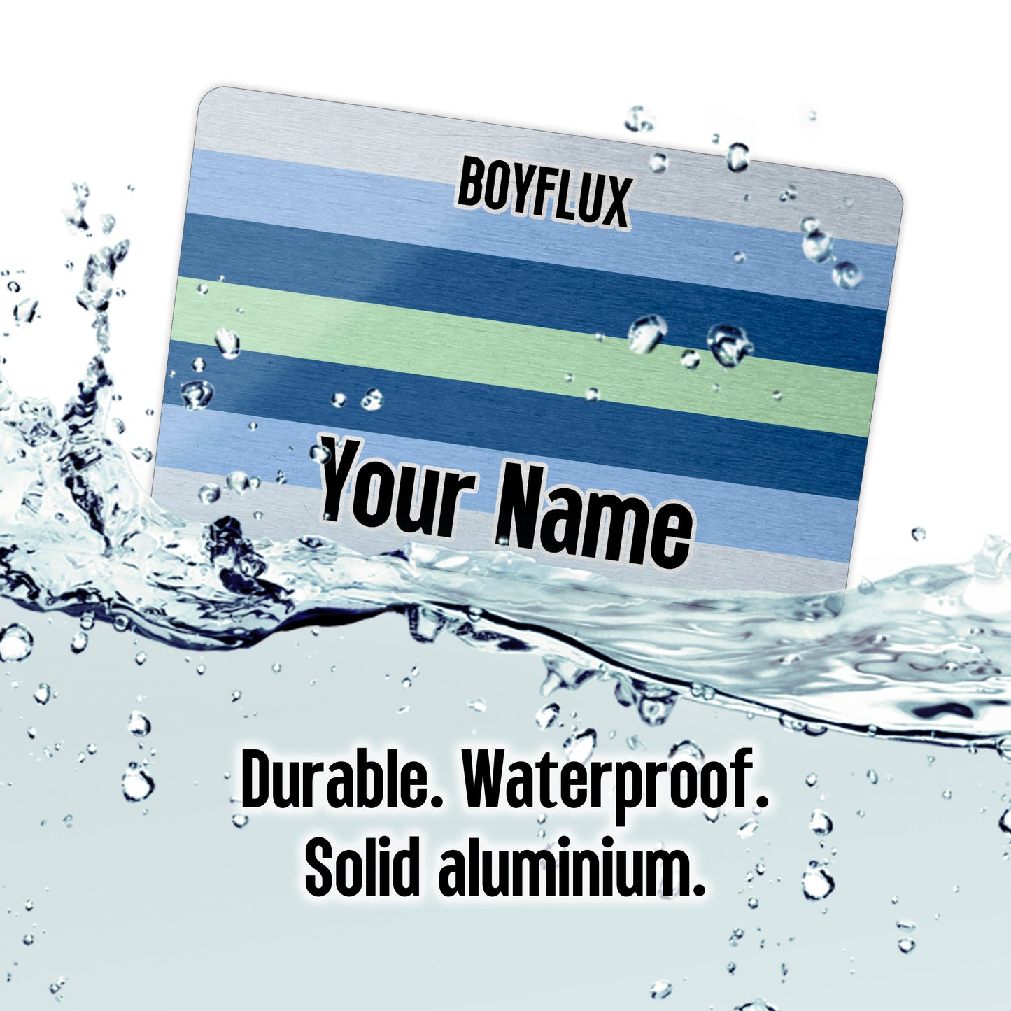 Aluminium wallet card personalised with your name and the boyflux pride flag