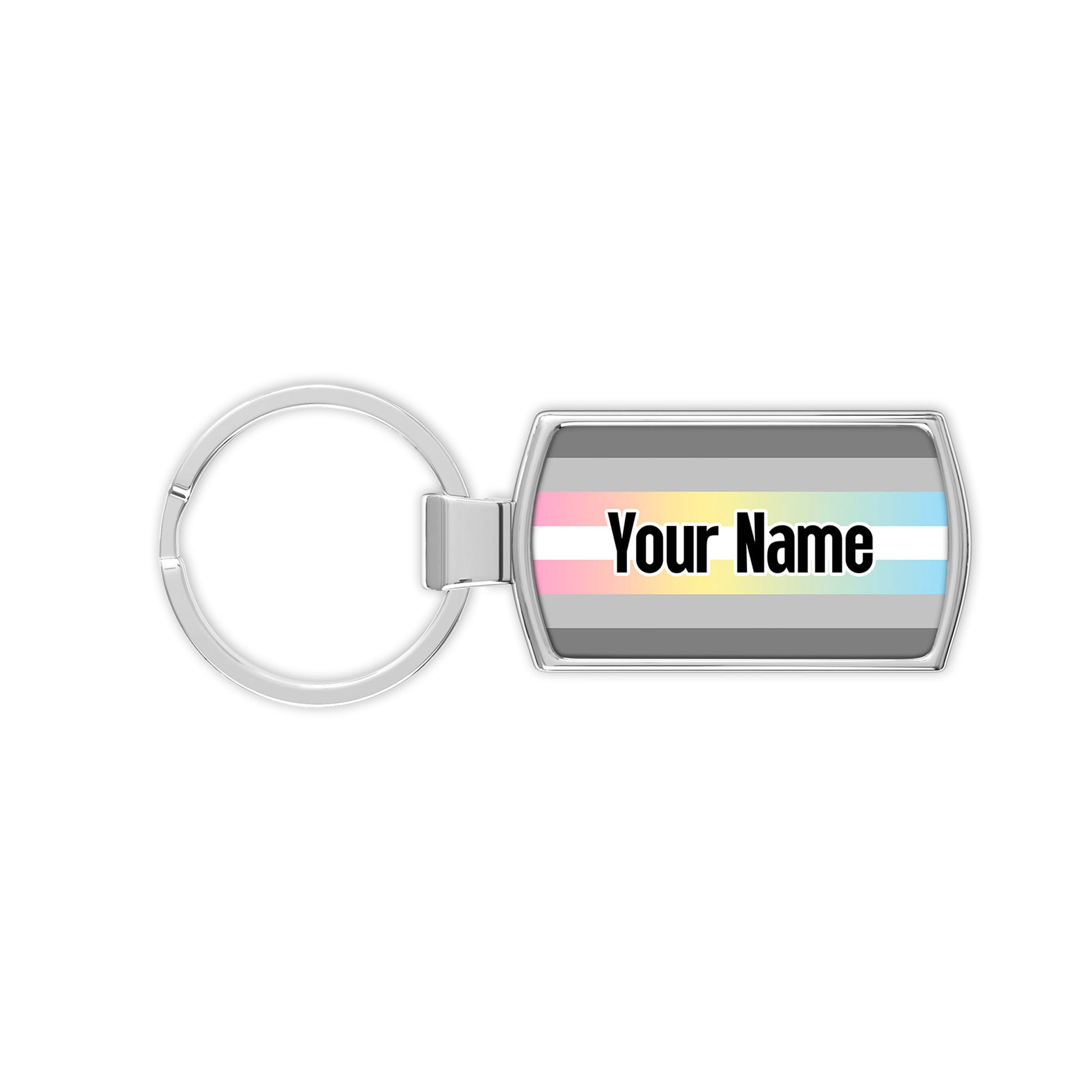 Demiflux pride flag metal keyring that comes personalised with your name
